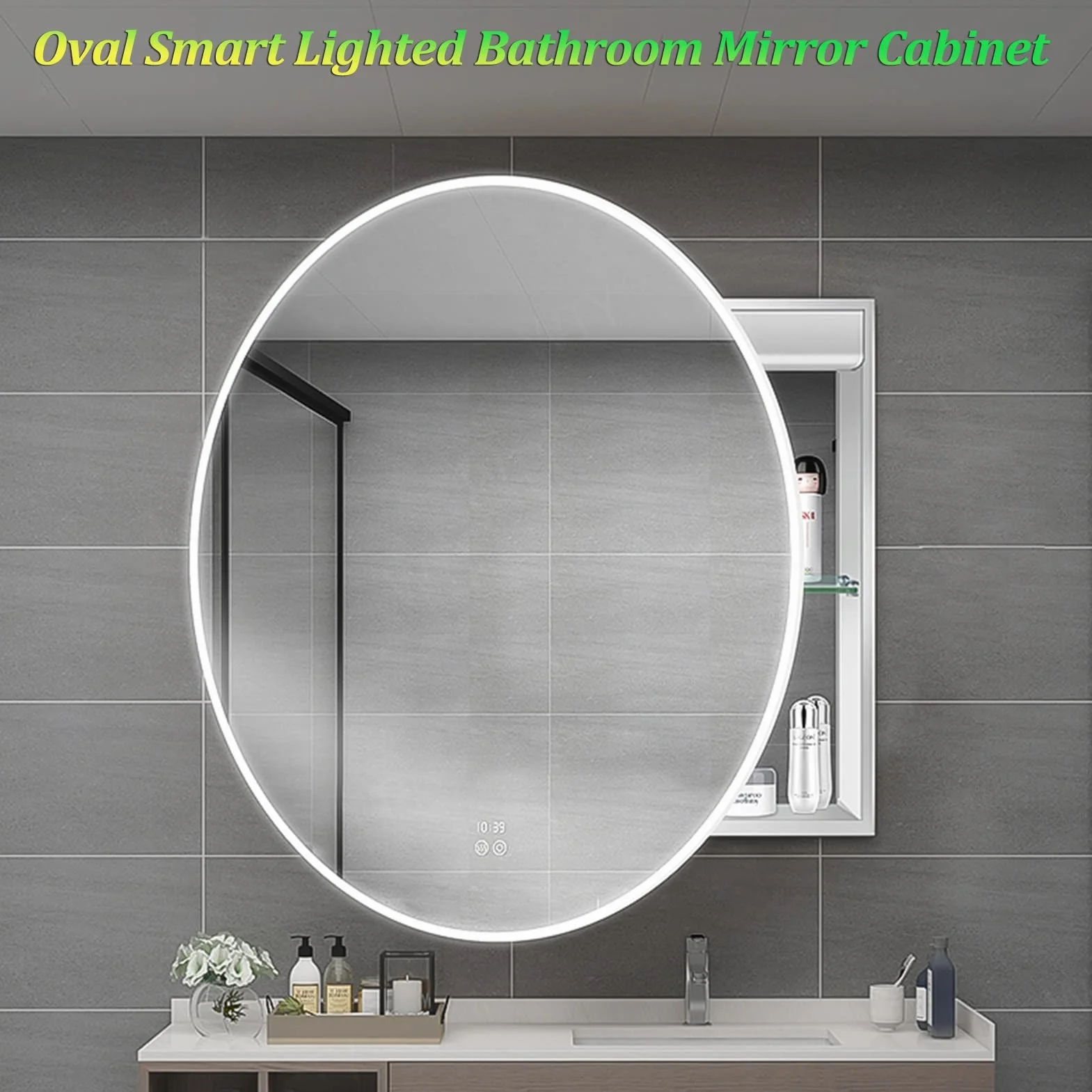Lustro łazienkowe LED, Szafka z lustrem łazienkowym, szafki LED, organizer funkcją odmgławiania, ściemniacz, szafka ścienna ze szklanymi drzwiami(Silver,70cm)