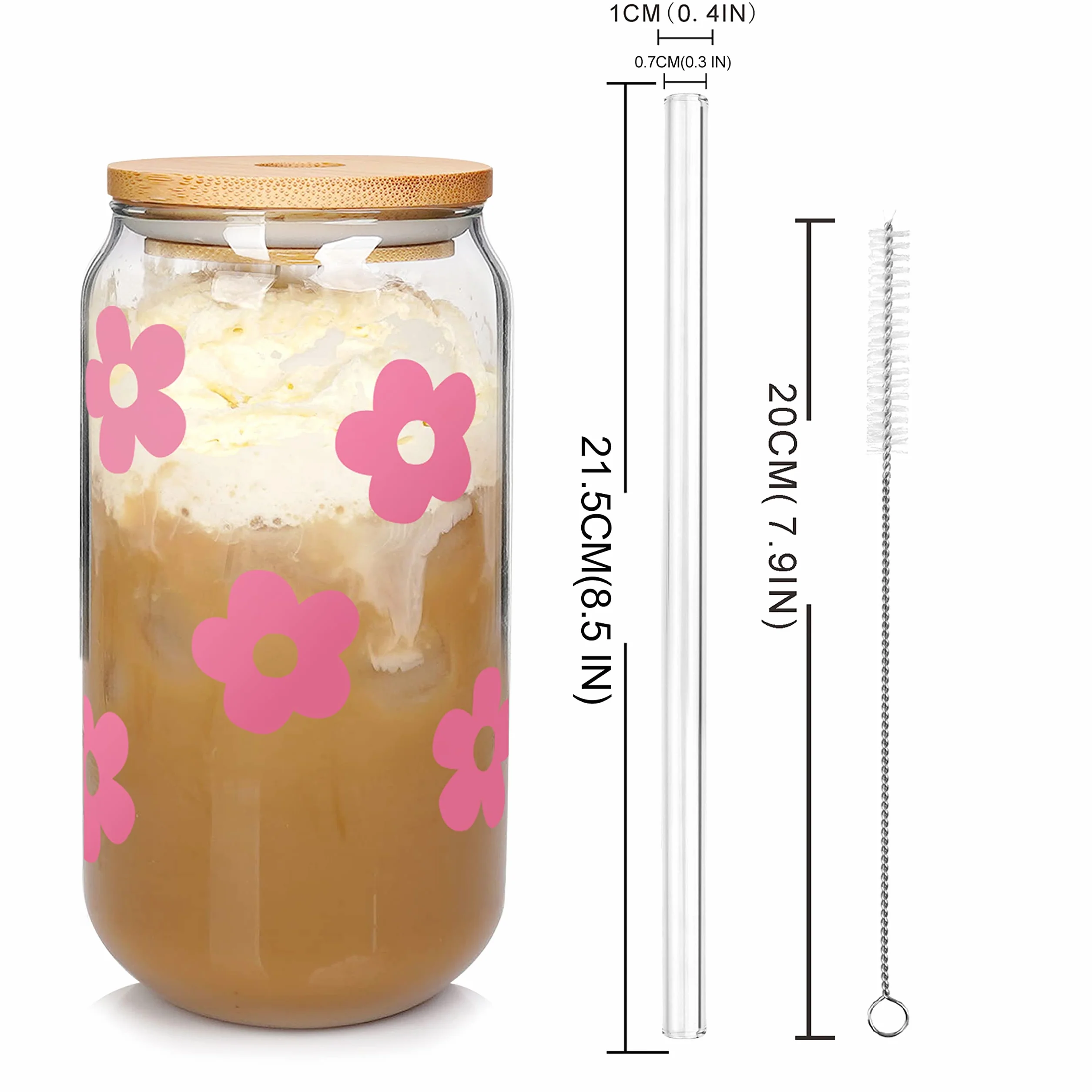 Mason Life Szklanka do puszki piwa z pokrywkami i słomką, kubki w kształcie, szklanki do picia 590 ml, szklanki do kawy mrożonej, szklanka do smoothie (różowy kwiat x 2)