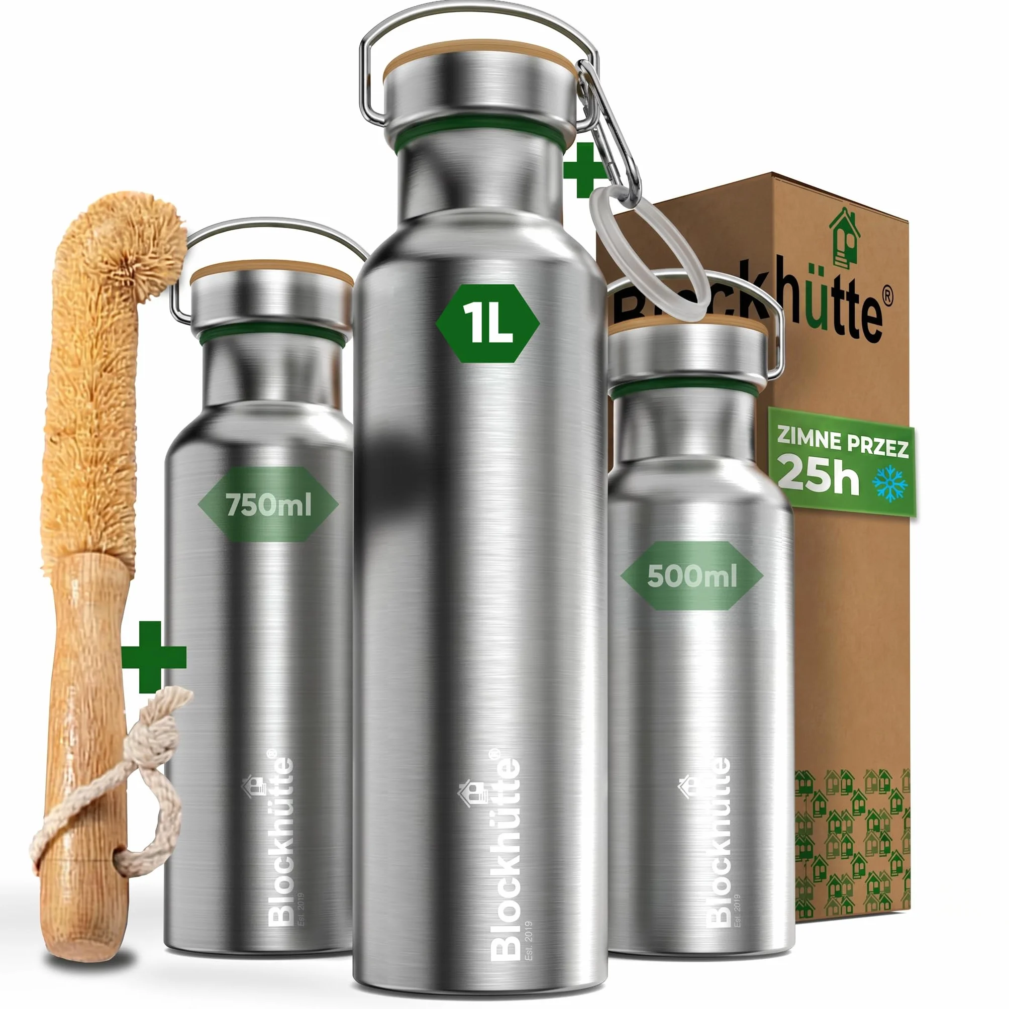 Blockhütte. Butelka na napoje, ze stali nierdzewnej, premium, izolowana, 1 l, z ekologiczną szczotką do czyszczenia butelki, zabezpieczona przed wyciekiem, nadaje się do zmywarki, do biura, bez bisfenolu A