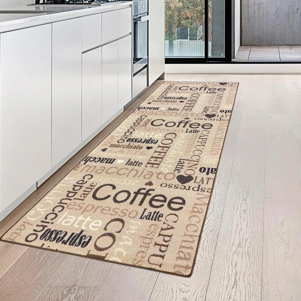 Teppich-Traum chodnik kuchenny w kolorze beżowym, z żelowym spodem i czarno-brązowym napisem Coffee Cappuccino Espresso Macchiato, 67 x 180 cm