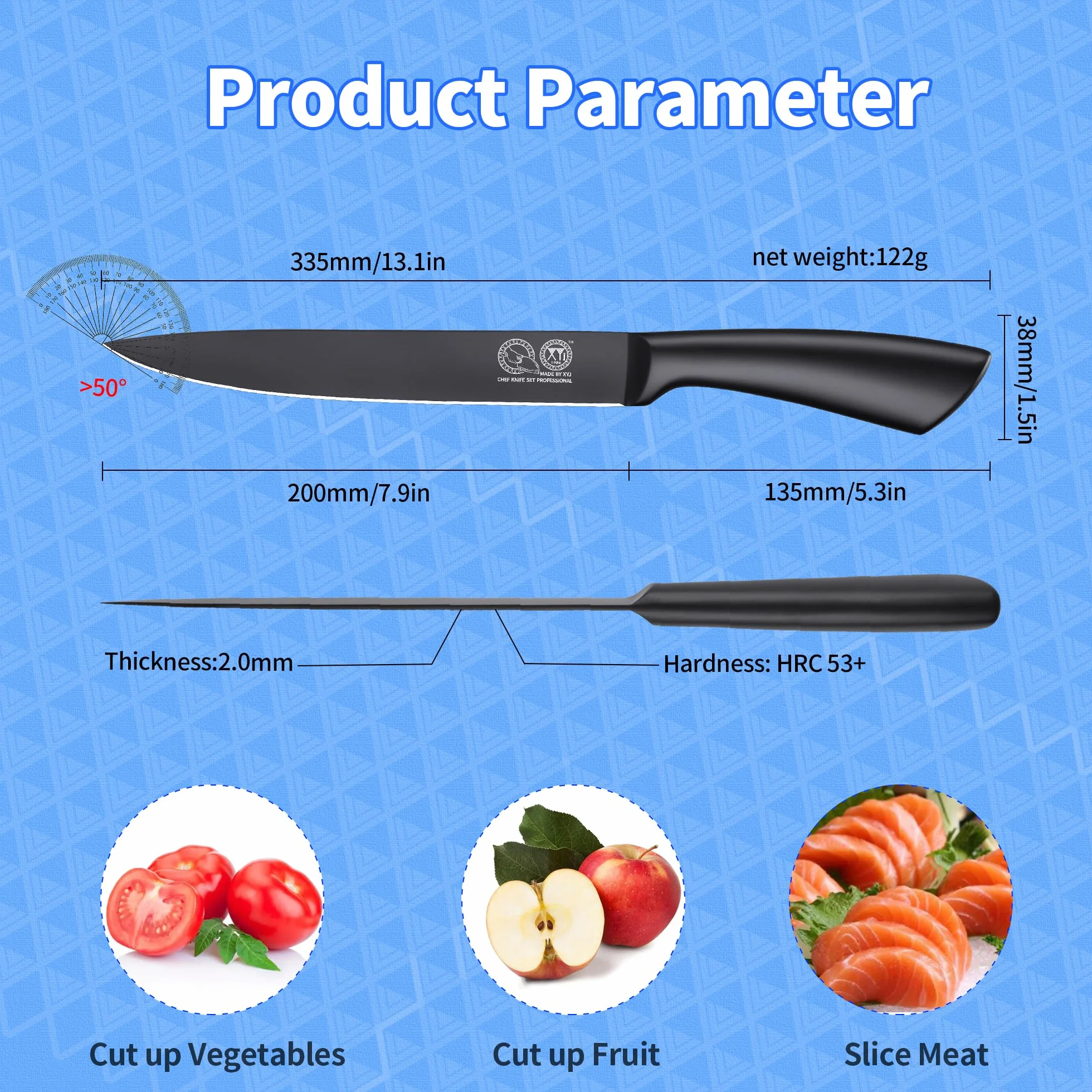 XYJ Kitchen Knife,8 Inch Black Stainless Steel Brisket Knife,Professional Chef Knife,Carving Boning Meat Cleaver BBQ Knife with Ergonomic Handle,Plastic Sheath
