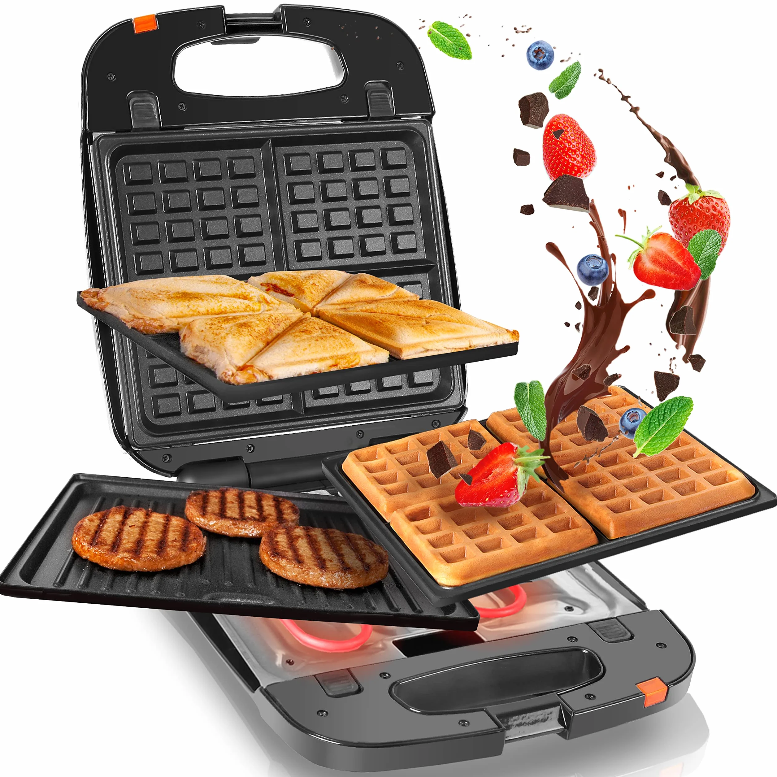 Duronic SWM60 Gofrownica grill i opiekacz do kanapek w 1 urządzeniu 1200W | wyjmowane talerze | łatwe czyszczenie | nieprzywierająca powłoka | 4 gofry belgijskie na raz | opiekacz do panini