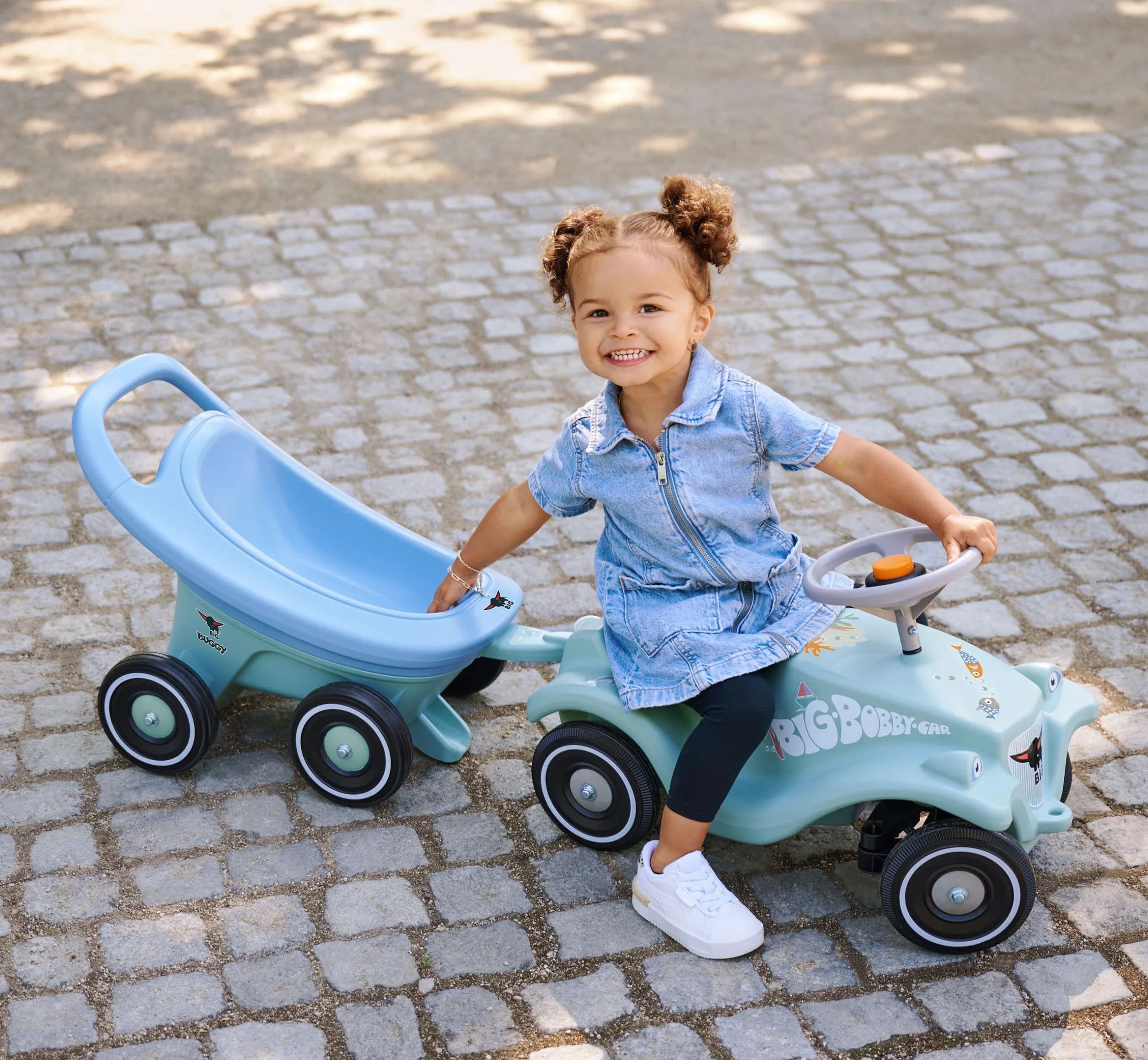 Big Buggy 3 w 1 wózek do nauki chodzenia z regulowaną funkcją hamowania, przyczepa, w zestawie 4 kółka szeptane, niebiesko-turkusowy Big Buggy, dla dzieci od 1 roku życia