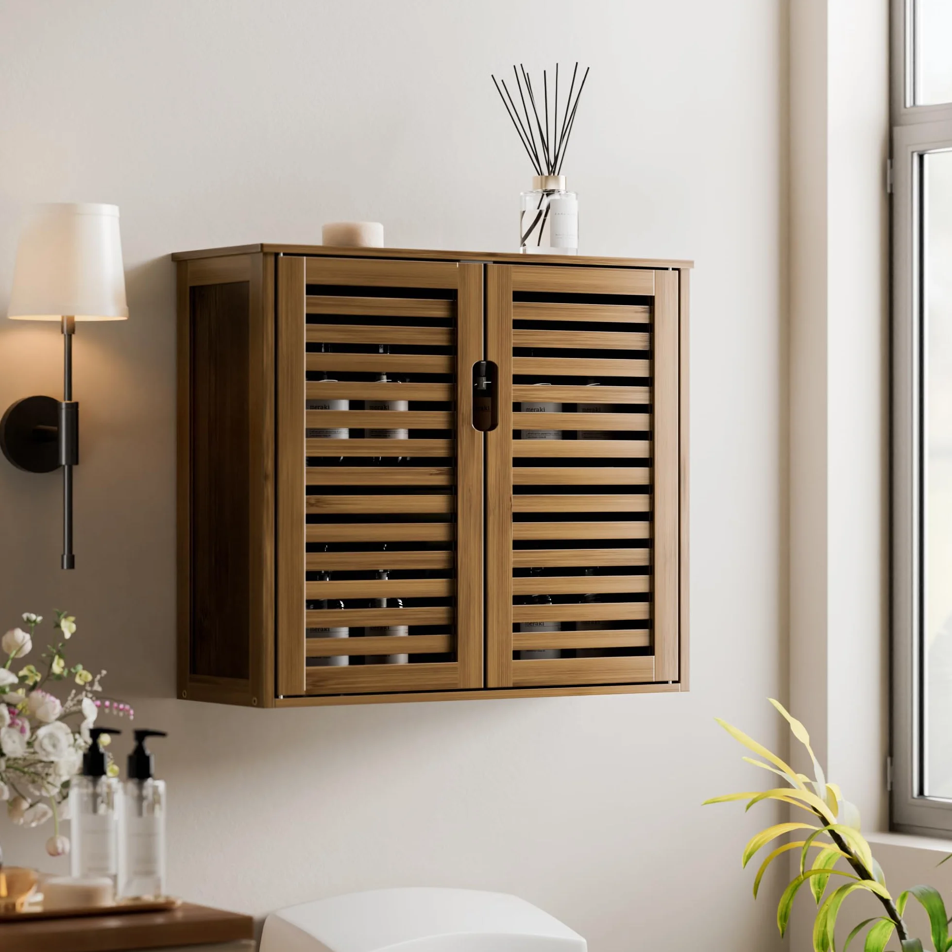 HITNET Bathroom Cabinet, Bamboo Hanging Medicine Cabinet, Space Saving Storage Organizer Over the Toilet with 2 Doors and Adjustable Shelf, Walnut