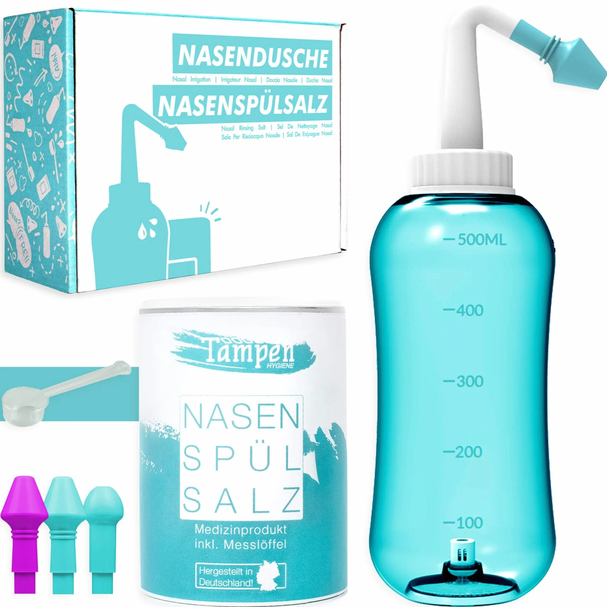 Zestaw prysznicowy do nosa · 120 x sól do płukania nosa (300 g) · łyżka pomiarowa (1 g) · 3 nasadki dla dorosłych i dzieci · Tampen Higiena · Płukanka do nosa · Dzbanek do nosa · czyszczenie nosa