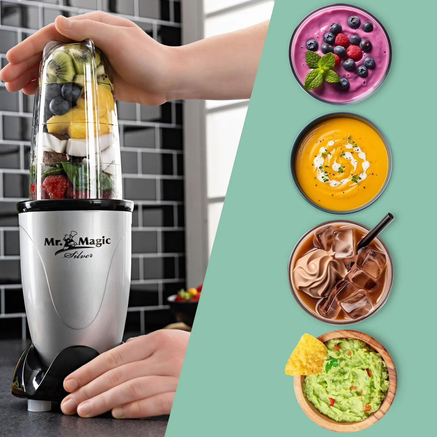 GOURMETmaxx Mr. Magic Mixer | Smoothie Maker - 4-częściowy | Mikser stojący z kubkiem do miksowania i pokrywką utrzymującą świeżość | Blender z 8 funkcjami | Procesor do przygotowywania koktajli,