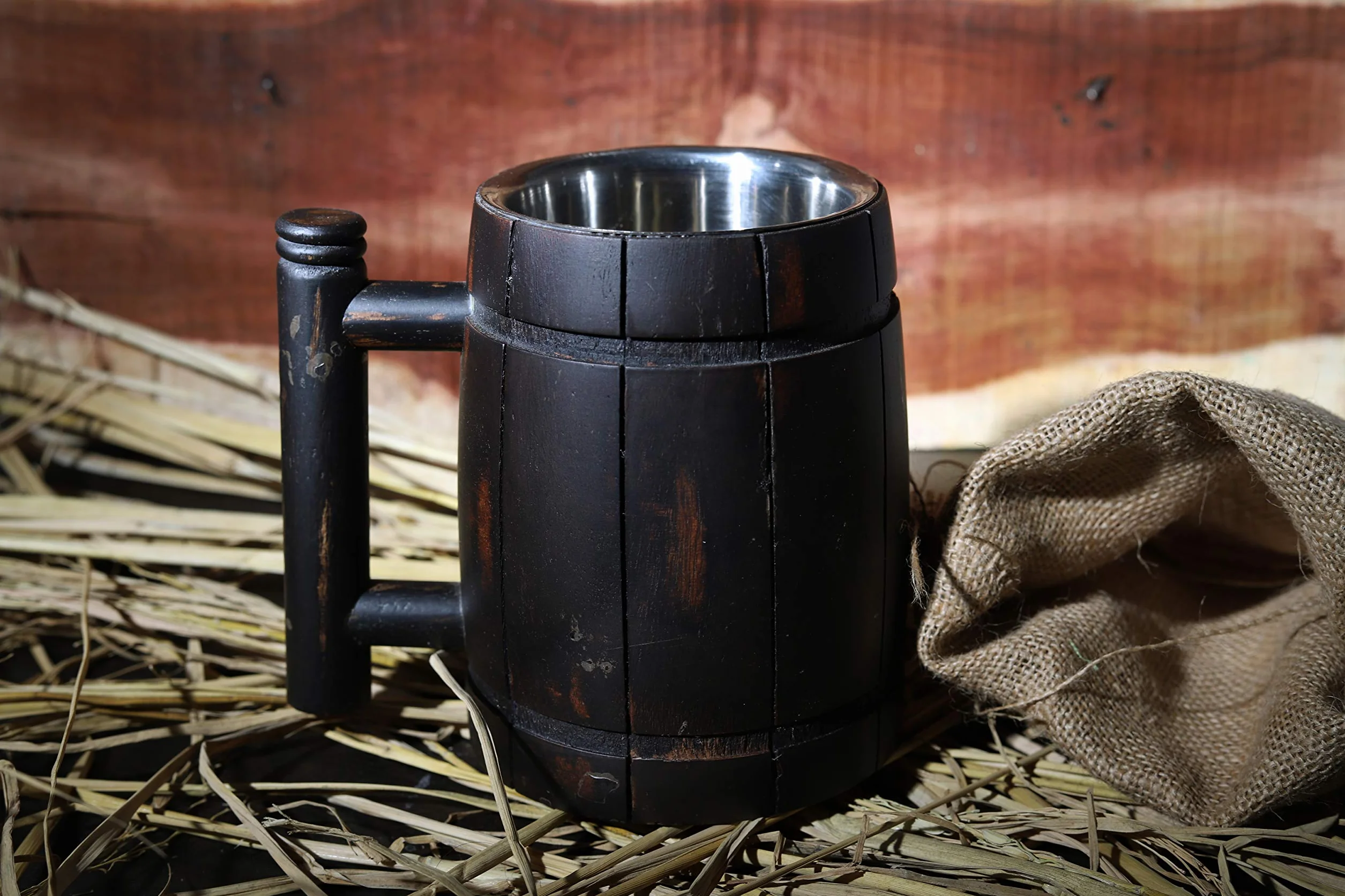 GoCraft Ręcznie wykonany drewniany kubek do piwa z kubkiem ze stali nierdzewnej 45 ml | świetne pomysły na prezent piwo drewniany zbiornik dla mężczyzn | Akcesoria barowe w stylu vintage - beczka brązowy wzór retro