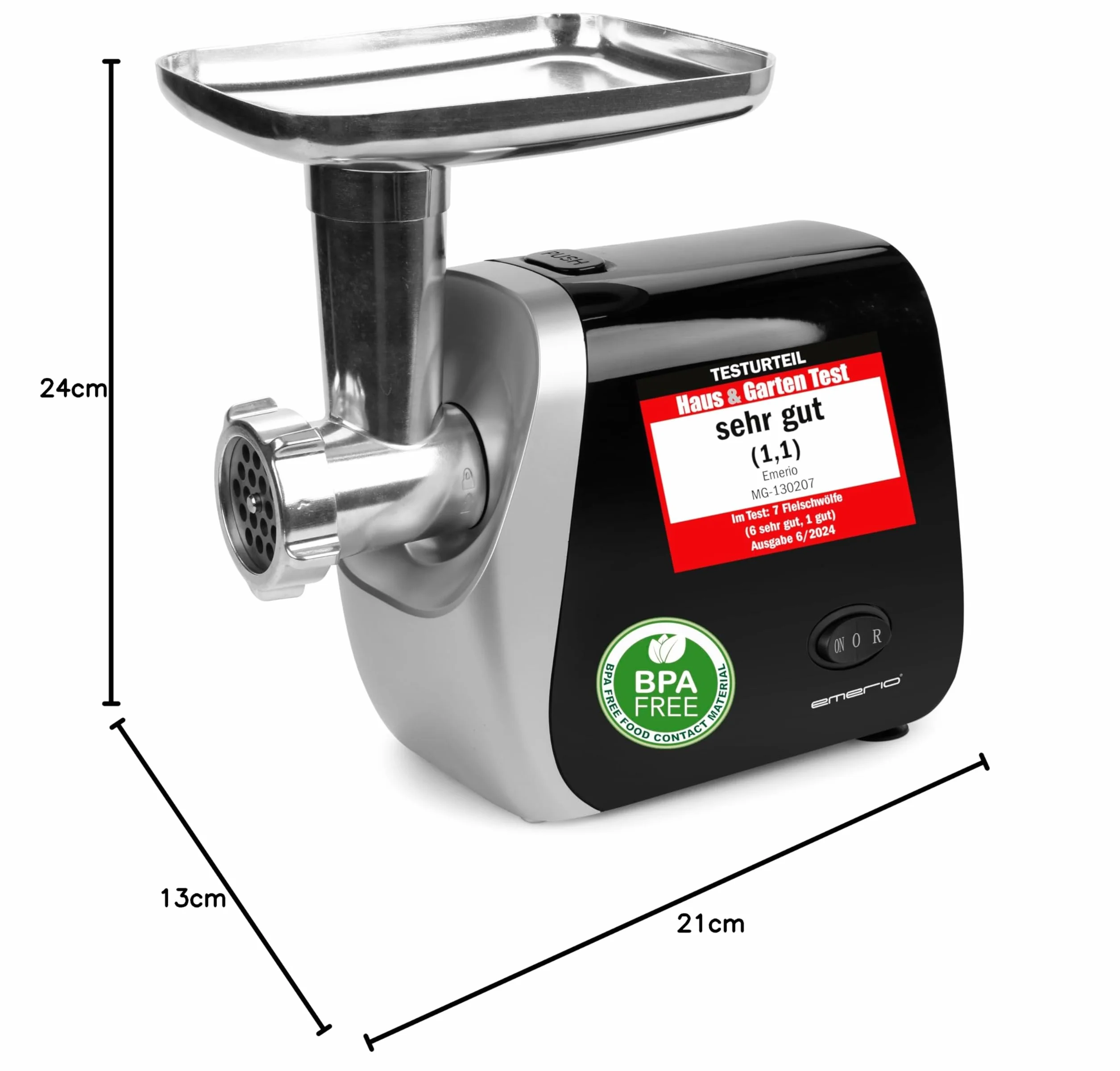 Emerio MG-130207 maszynka do mięsa | elektryczna | 3 wkłady do mięsa (drobna/średnia/gruba) + nakładka do kiełbasy + nasadka do kebbe + nasadka do ciastek na 4 foremki do ciastek | bez BPA | przepływ