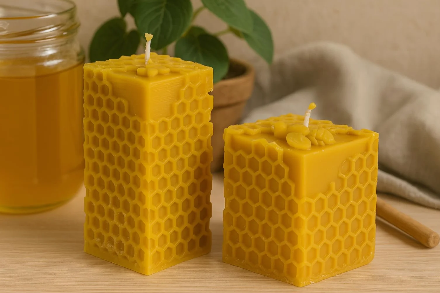 BeesWax World ręcznie wykonana – z bawełnianym knotem – 100% wosku pszczelego – dekoracyjna i trwała – różne kształty do wyboru (Pszczeli Sześcian)