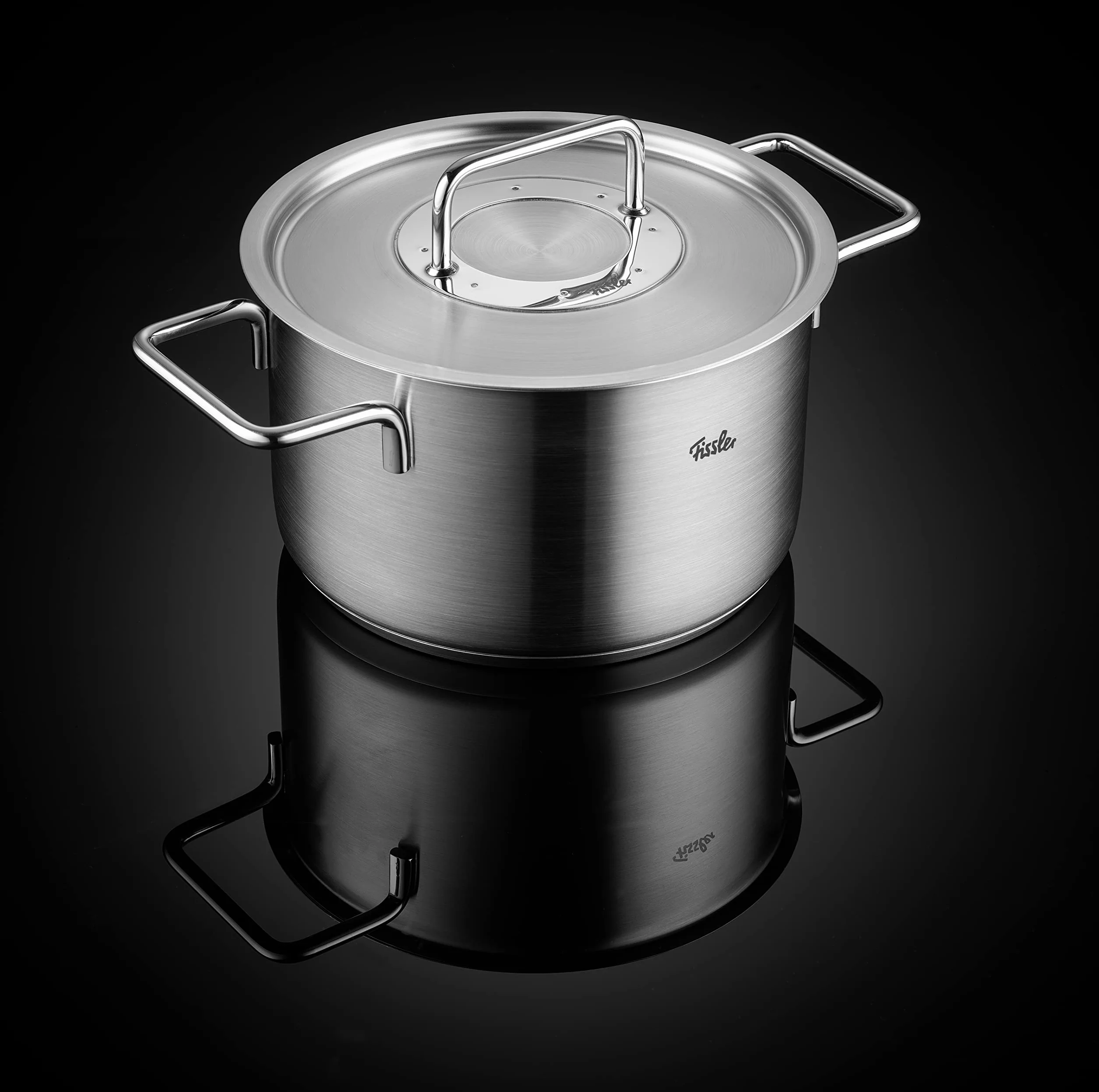 Fissler Pure Collection zestaw garnków ze stali nierdzewnej, 4-częściowy, garnki z metalową pokrywką (3 garnki, 1 garnek do pieczenia) – indukcja, duże
