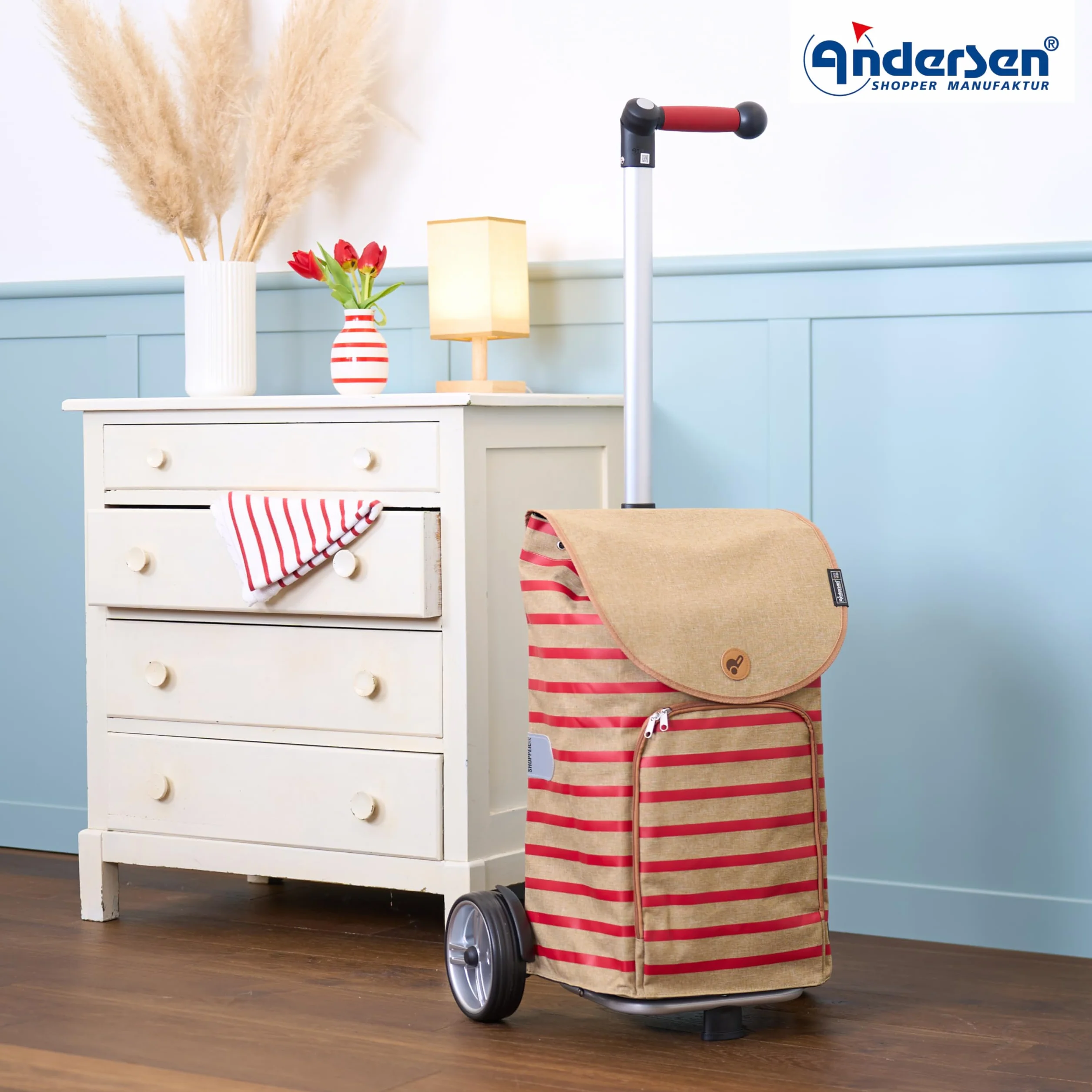 ANDERSEN Wózek na zakupy – Shopper Eske czerwony wózek ręczny 47 l, nowoczesny, zrównoważony, na zakupy, aluminium, ergonomiczny uchwyt, z regulacją wysokości, koło łożyska kulkowego