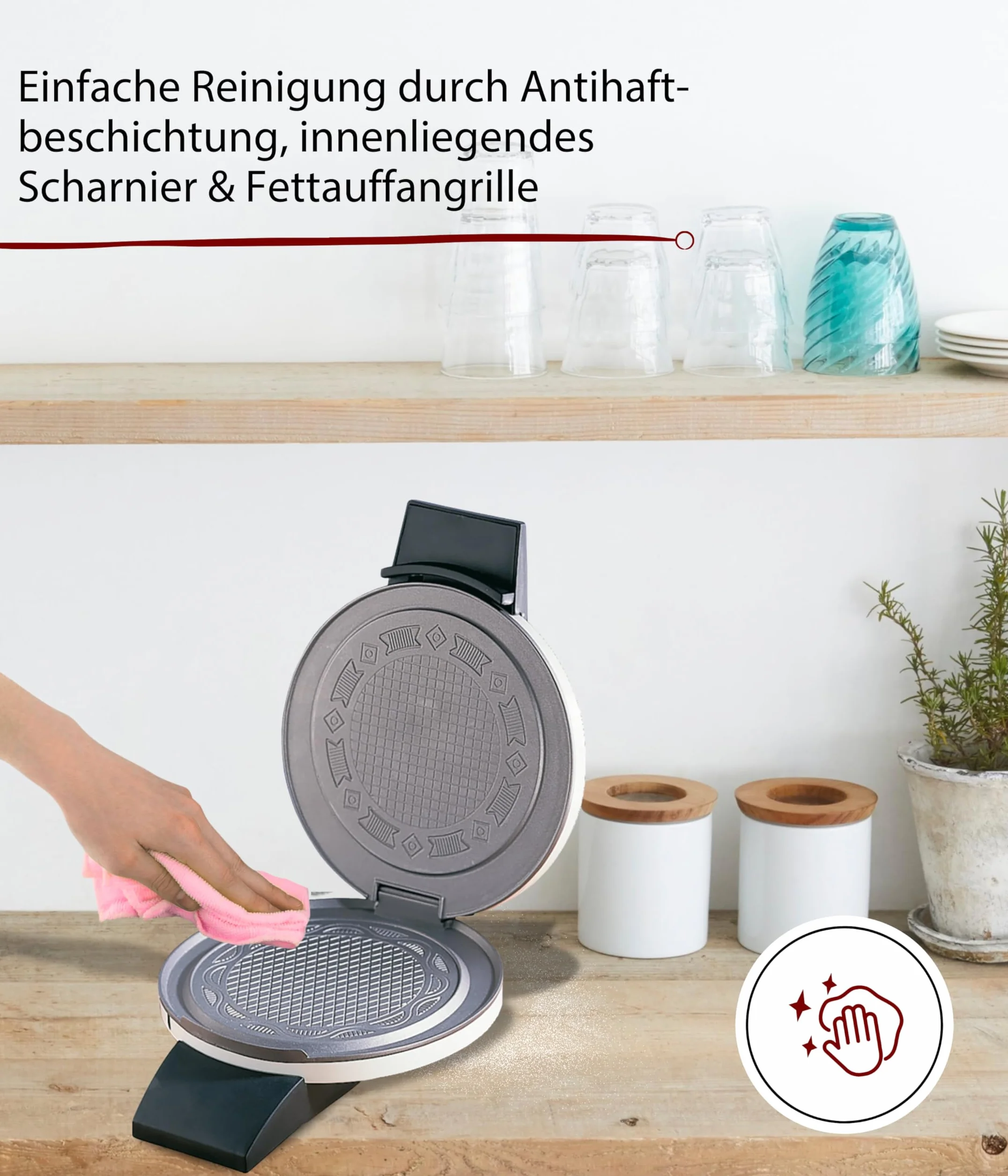 Cloer 261 Maszynka do robienia wafli na cienkie szyszki, 800 W, Powierzchnia do pieczenia 14,5 cm Ø, z nieprzywierającą powłoką, Bezstopniowa regulacja stopnia przypieczenia, biały metalowy korpus