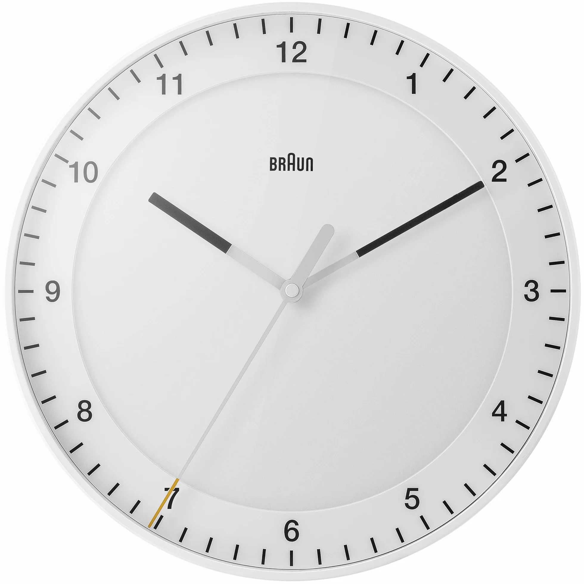 Braun Klasyczny, duży, analogowy zegar ścienny, cichy mechanizm zegarowy, łatwy do odczytania cyferblat, średnica 30 cm, biały model BC17W.