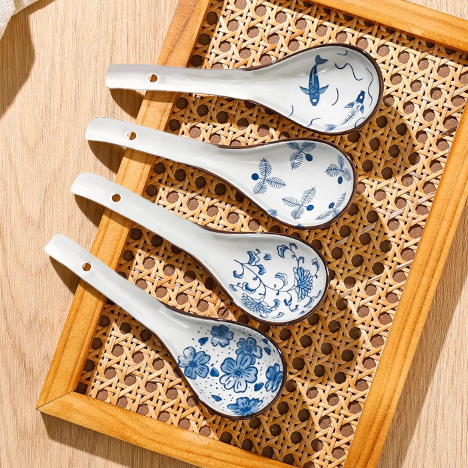 Chińskie łyżki do zupy, ceramiczne łyżki do zupy, japoński styl, zestaw łyżek do ramenu, porcelanowe łyżki, ceramiczne łyżki retro, azjatycka zastawa stołowa do ramenu, ryżu, wonton, pho, pierogów