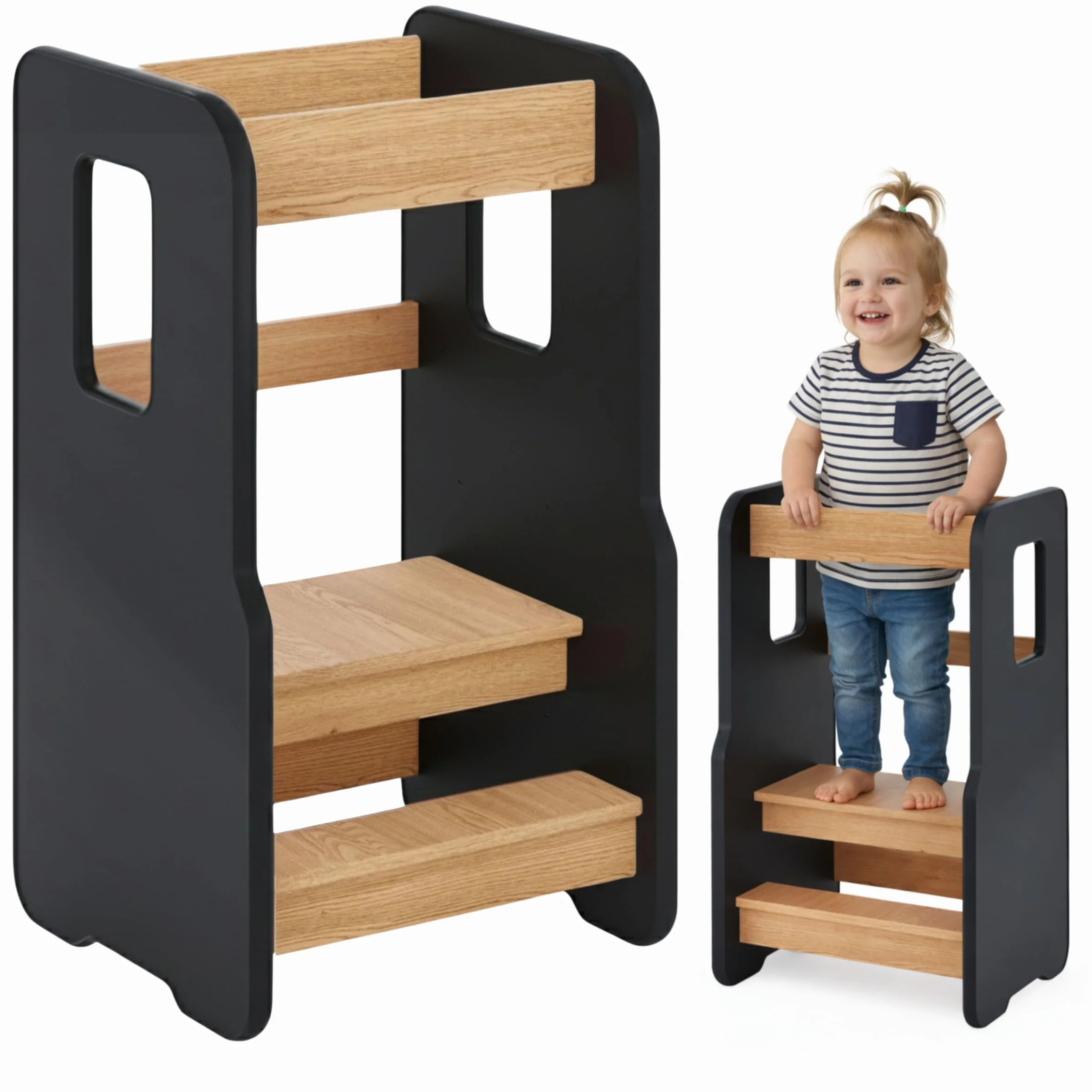Wieża Edukacyjna dla Dzieci, Pomocnik Kuchenny dla Dzieci, Wieża do nauki Montessori, Learning Tower, Drewniany z Regulacją Wysokości, Czarny/Dąb