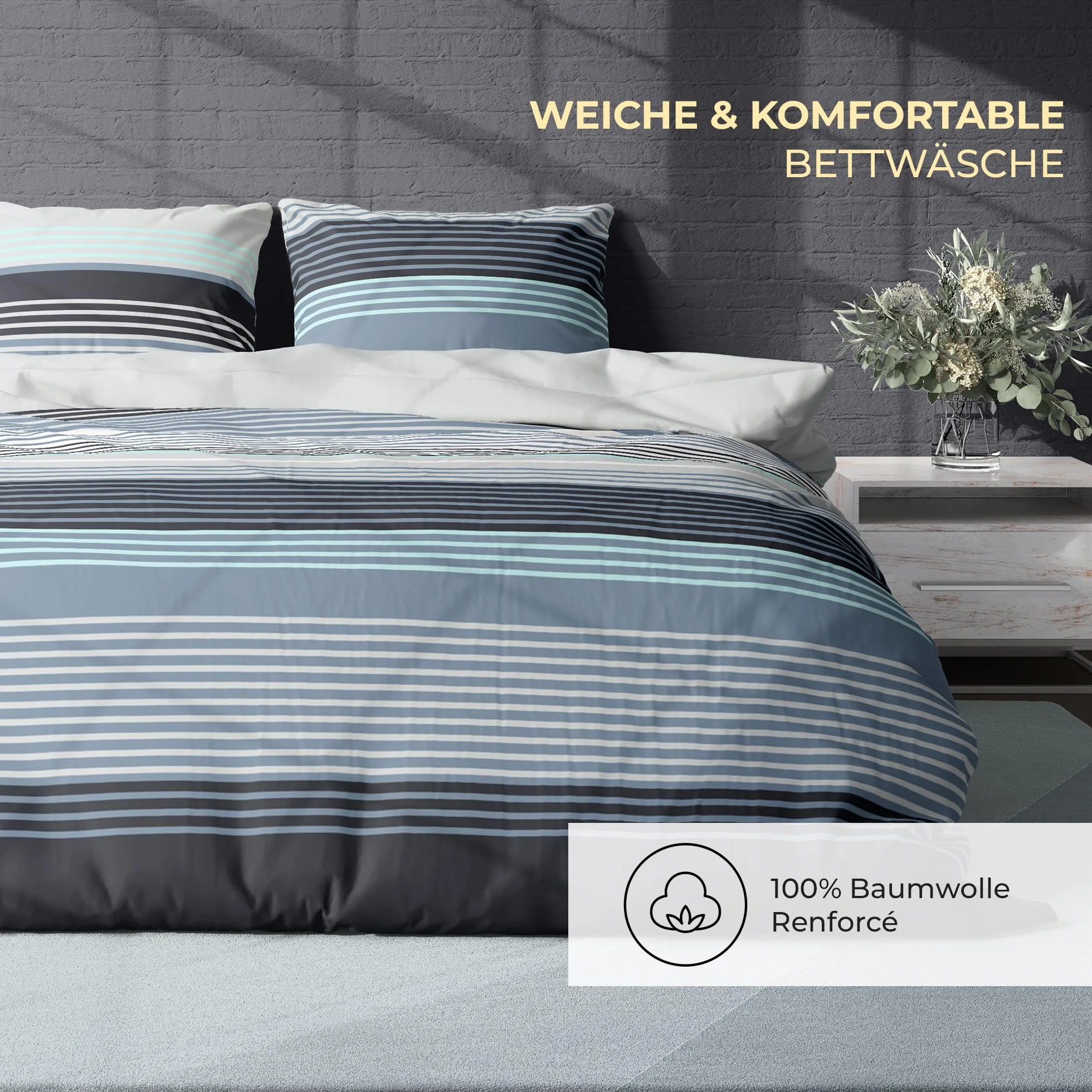 Pościel premium 200 x 200 – 100% bawełna, certyfikat Öko-Tex, Renforcé oddychająca, antyalergiczna, z zamkiem błyskawicznym, 3-częściowa poszwa na kołdrę + 2 x poszewka na poduszkę 80 x 80 cm