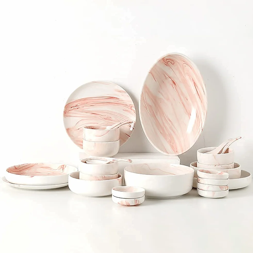 Zestaw zastawy stołowej do kuchni, ceramiczny zestaw obiadowy, marmurkowy zestaw obiadowy odporny na odpryski/porcelanowa zastawa stołowa-zestaw talerzy i misek