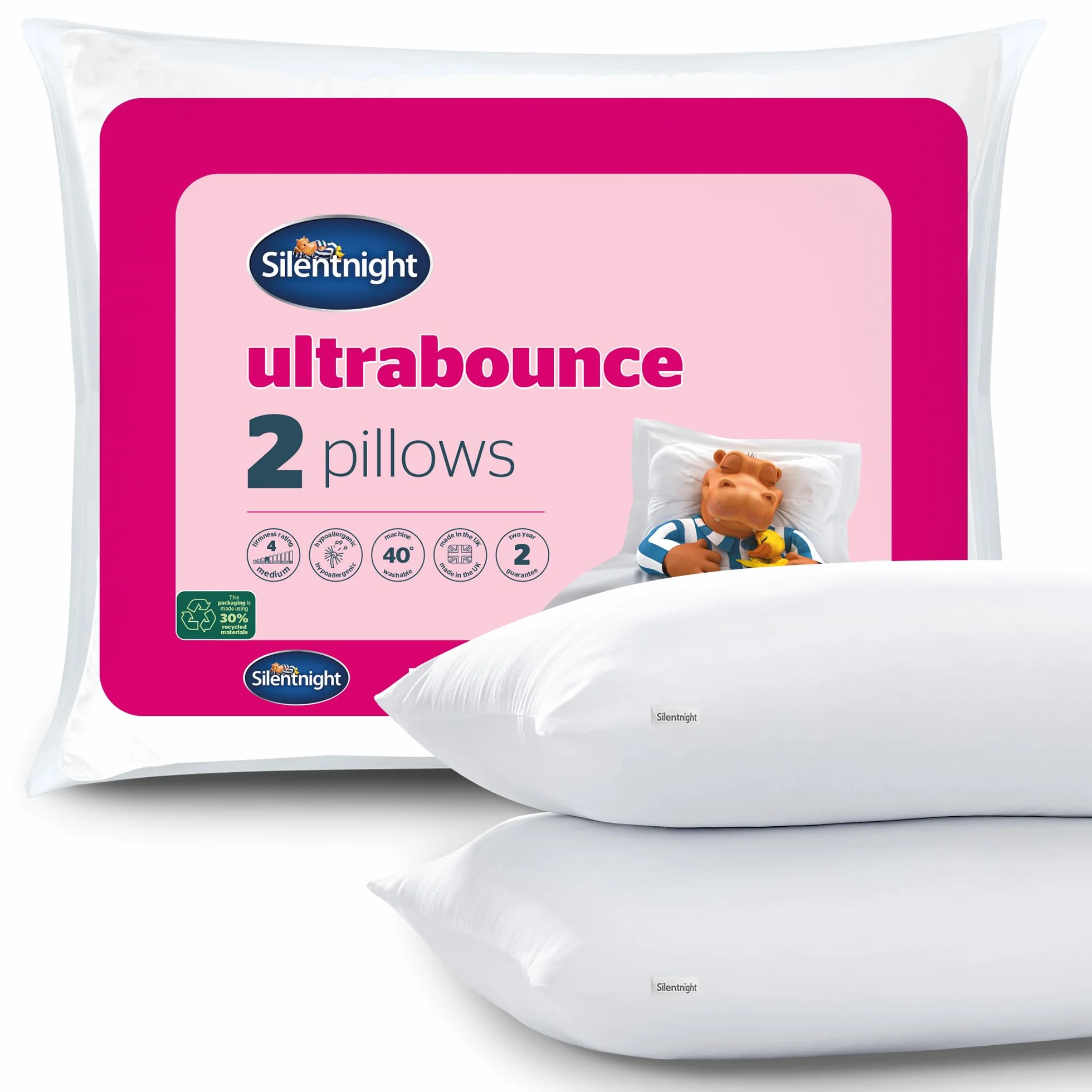 Silentnight Ultrabounce Poduszki do spania na brzuchu, plecach i na boku, miękkie, średnie podparcie, wygodne poduszki do spania na brzuchu, plecach i na boku, 2 sztuki, 2 sztuki