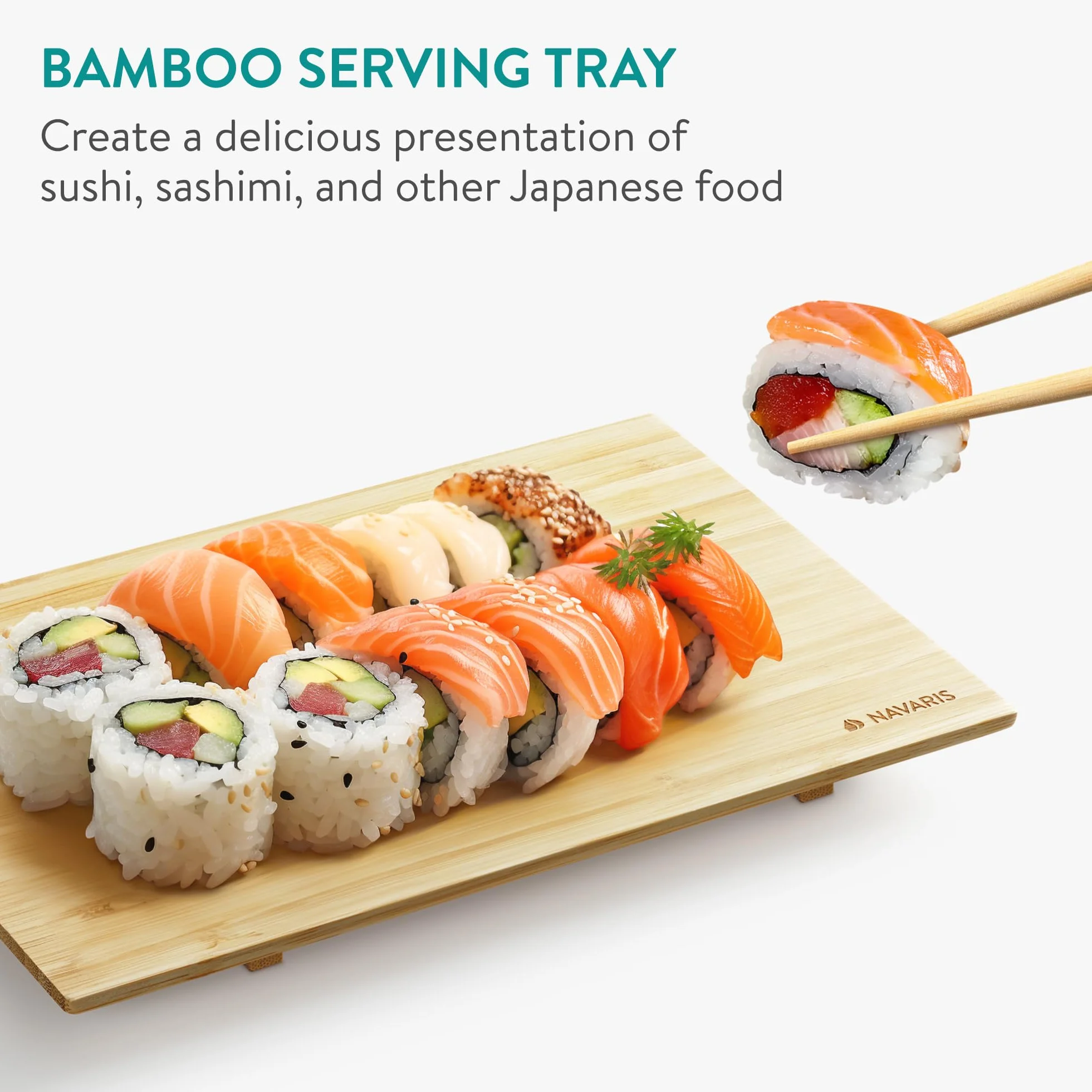 Navaris Sushi Maker kompletny zestaw – 16-częściowy zestaw akcesoriów bambusowych z 2 matami do sushi, 1 x łyżką do ryżu, 1 tacą, 5 pałeczkami i półką na pałeczki, 2 x miska do dipów
