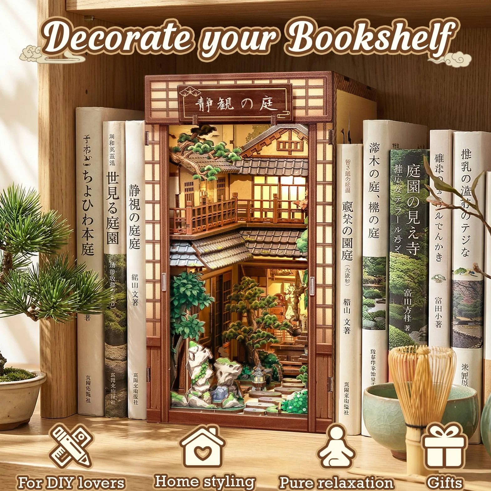 Cutefun Japoński zakątek książki, spokojny dziedziniec | Zestaw miniaturowy DIY dla dorosłych, Japonia 3D drewniane puzzle rękodzieło prezent dla kobiet