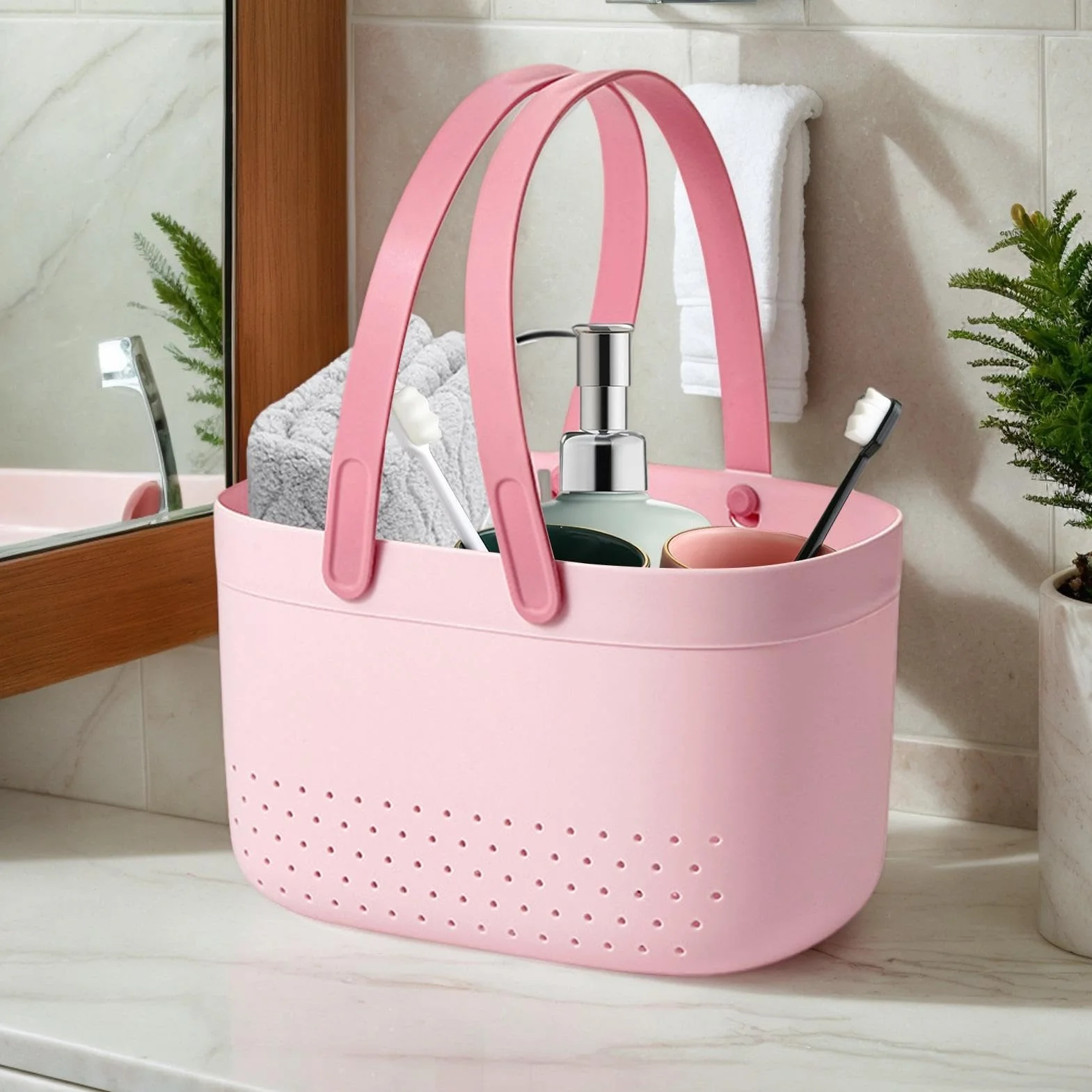 Shower Organizer Basket, Bath Storage Bin, Toiletry Basket with Handles, Drainage Shower Organizer, 25x17x14.5cm Storage Basket for Bathrooom PP+ Shower Bin, Lightweight, Pink White