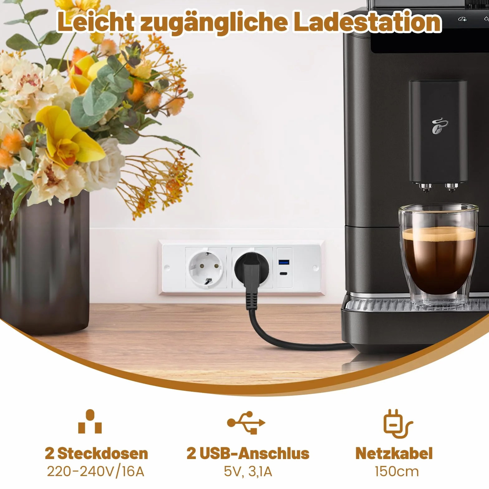 COSTWAY Drewniana szafka kuchenna, szafka bufetowa z gniazdami wtykowymi i portami USB i typ C, wysoka szafka kuchenna z regulowanymi półkami, szafka do przechowywania do kuchni, salonu, 100 x 40 x