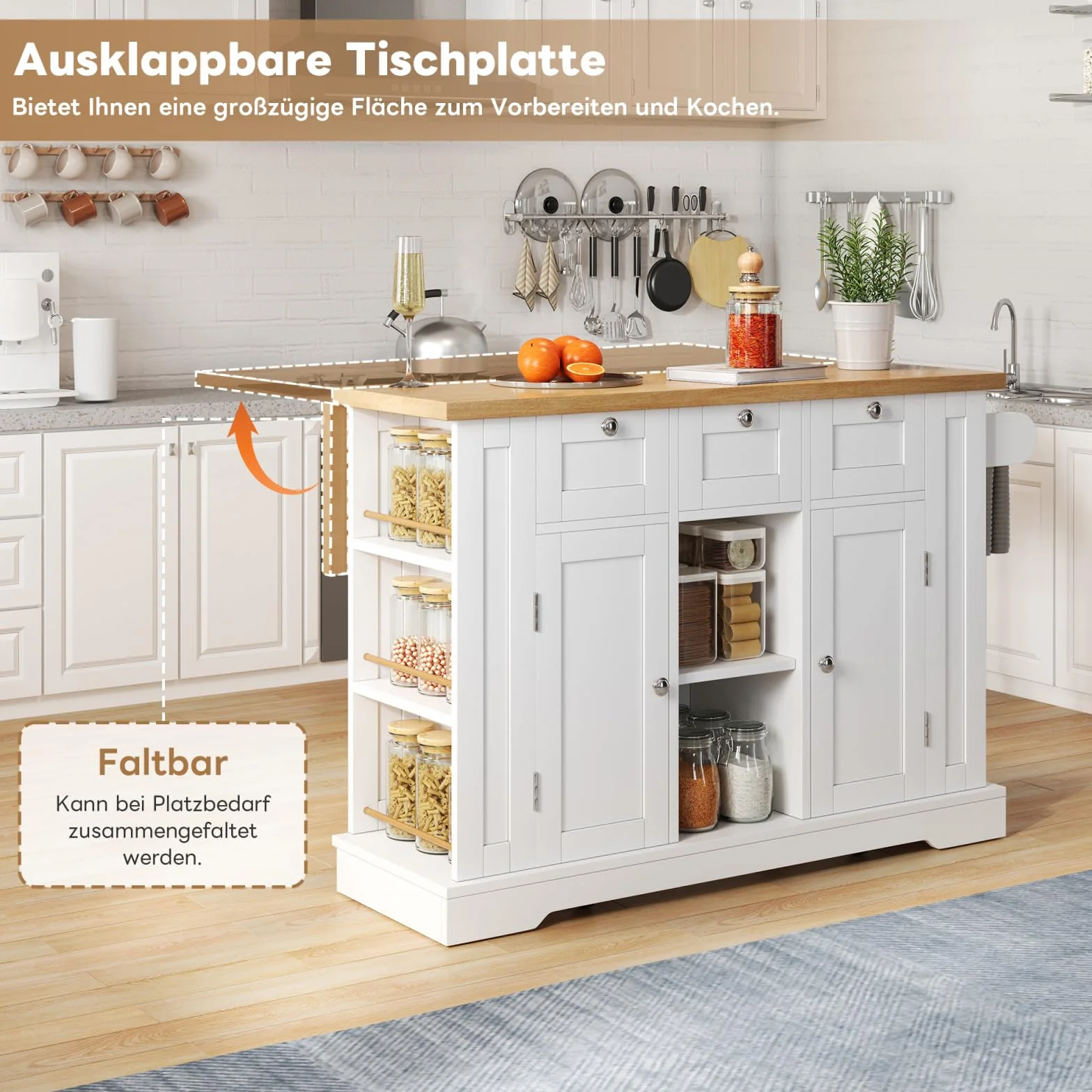 Wyspa kuchenna ze składanym blatem roboczym, wózek kuchenny z 2 drzwiami i 3 szufladami, wózek kuchenny z wbudowanym gniazdkiem, do kuchni i jadalni, 132 x 40 x 87 cm, biały