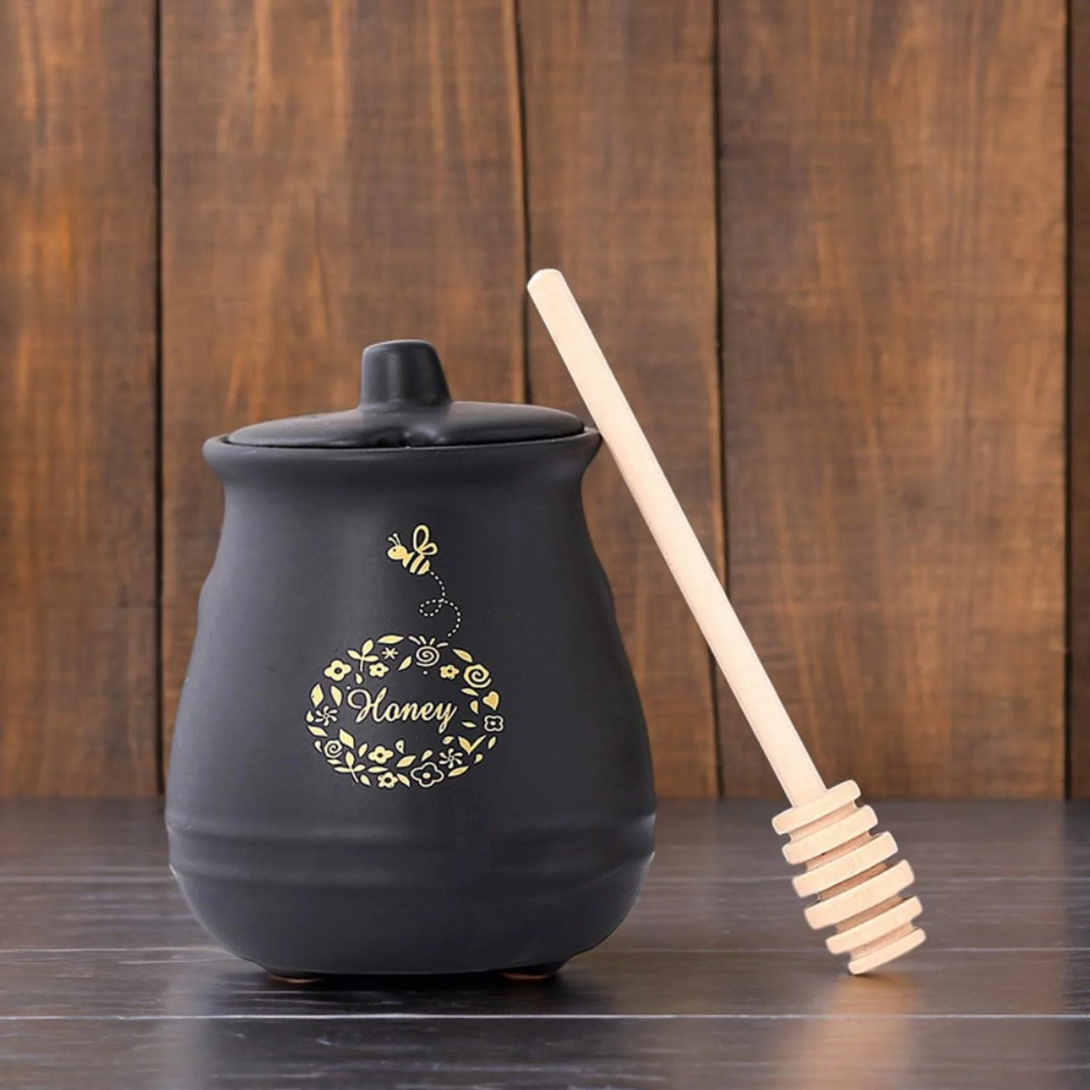 Garnki do miodu porcelanowe, ceramiczne garnki na miód 300 ml, z pokrywką i łyżeczką do miodu, 3 x do kuchni, porcelanowe pojemniki na miód do przechowywania miodu i syropu, czarne garnki na
