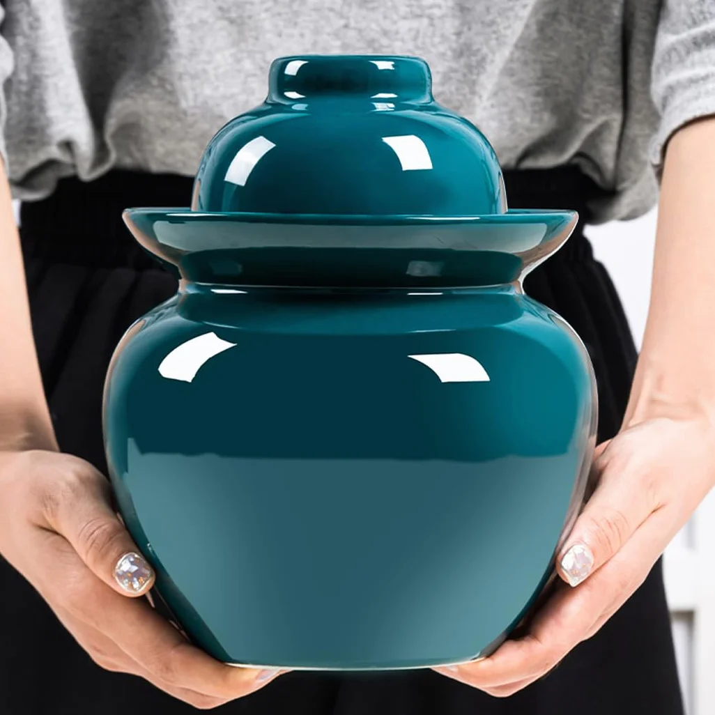Ceramiczny słoik na ogórki z pokrywkami, duży tradycyjny chiński porcelanowy słoik na ogórki, ceramiczny garnek do fermentacji z pokrywką z uszczelką wodną, zielony garnek na kisz(Niebieski-3,5L