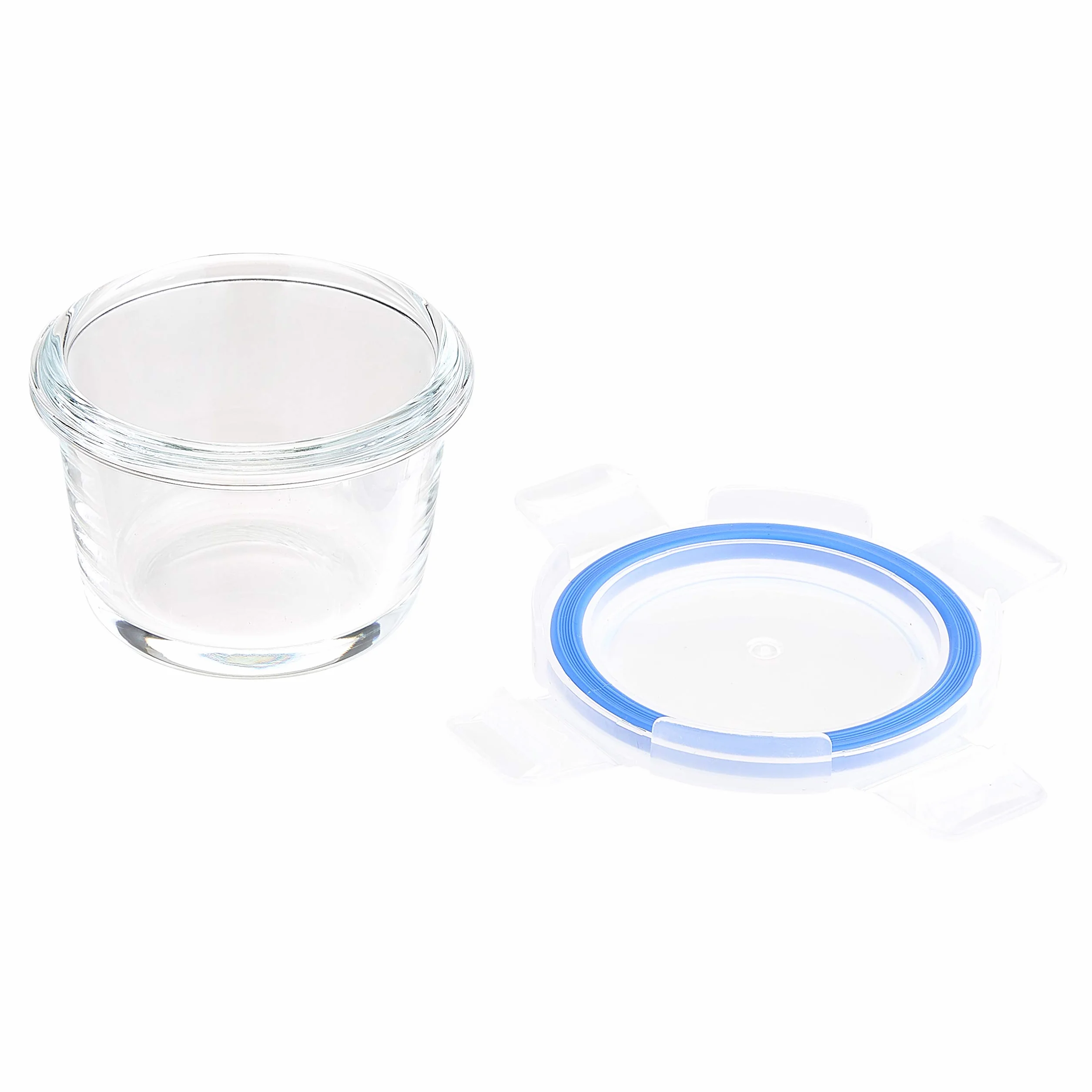 Amazon Basics ABL001 8-częściowy zestaw szklanych pojemników do przechowywania, 144 ml, zestaw 4 pojemników, przezroczystych z niebieskimi pokrywkami