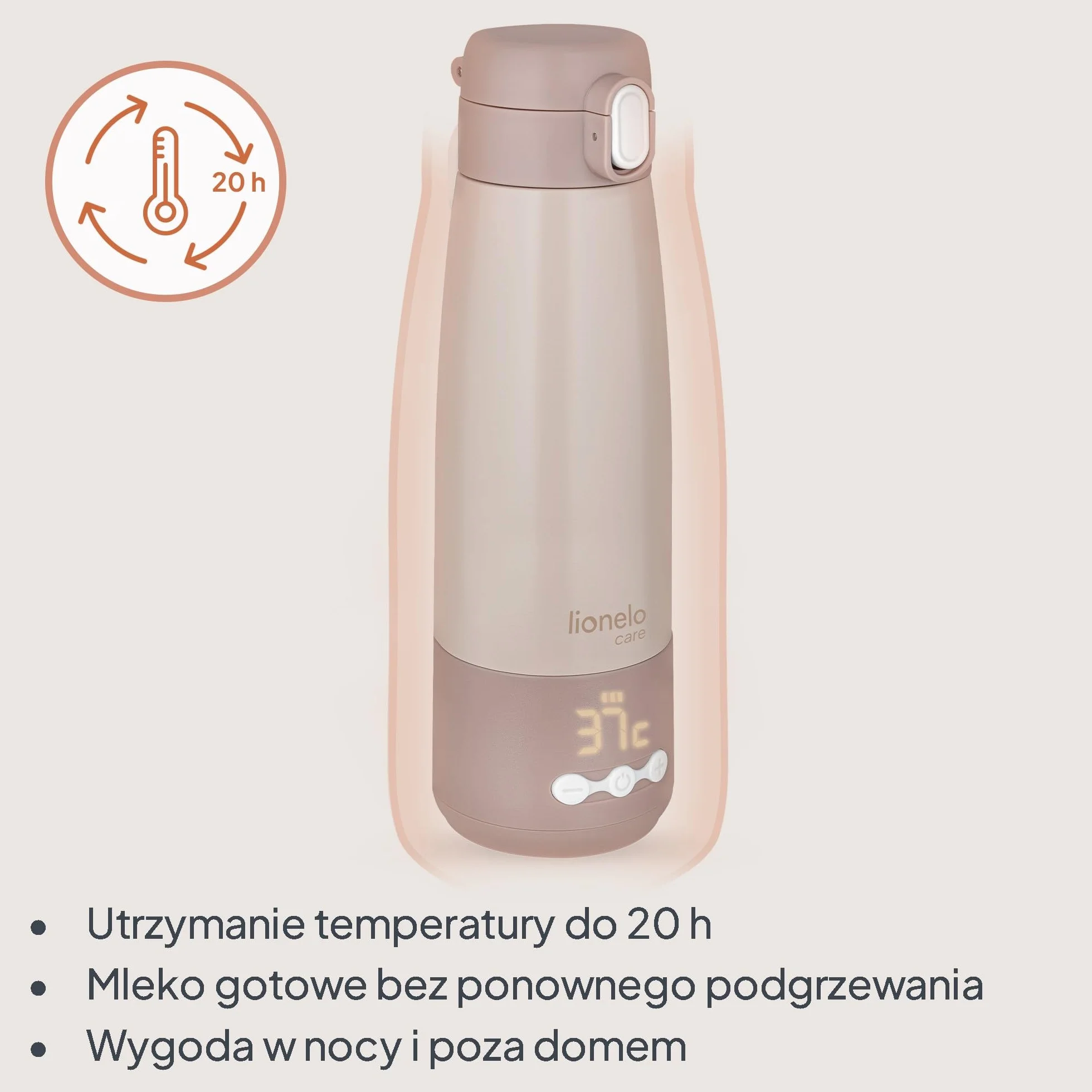 Lionelo Thermup Bottle przenośny podgrzewacz do butelek dla niemowląt, bezprzewodowy, z funkcją ogrzewania, podgrzewa mleko lub wodę w 3,5 min., 37-55 °C, utrzymuje ciepło do 20 h, stal nierdzewna