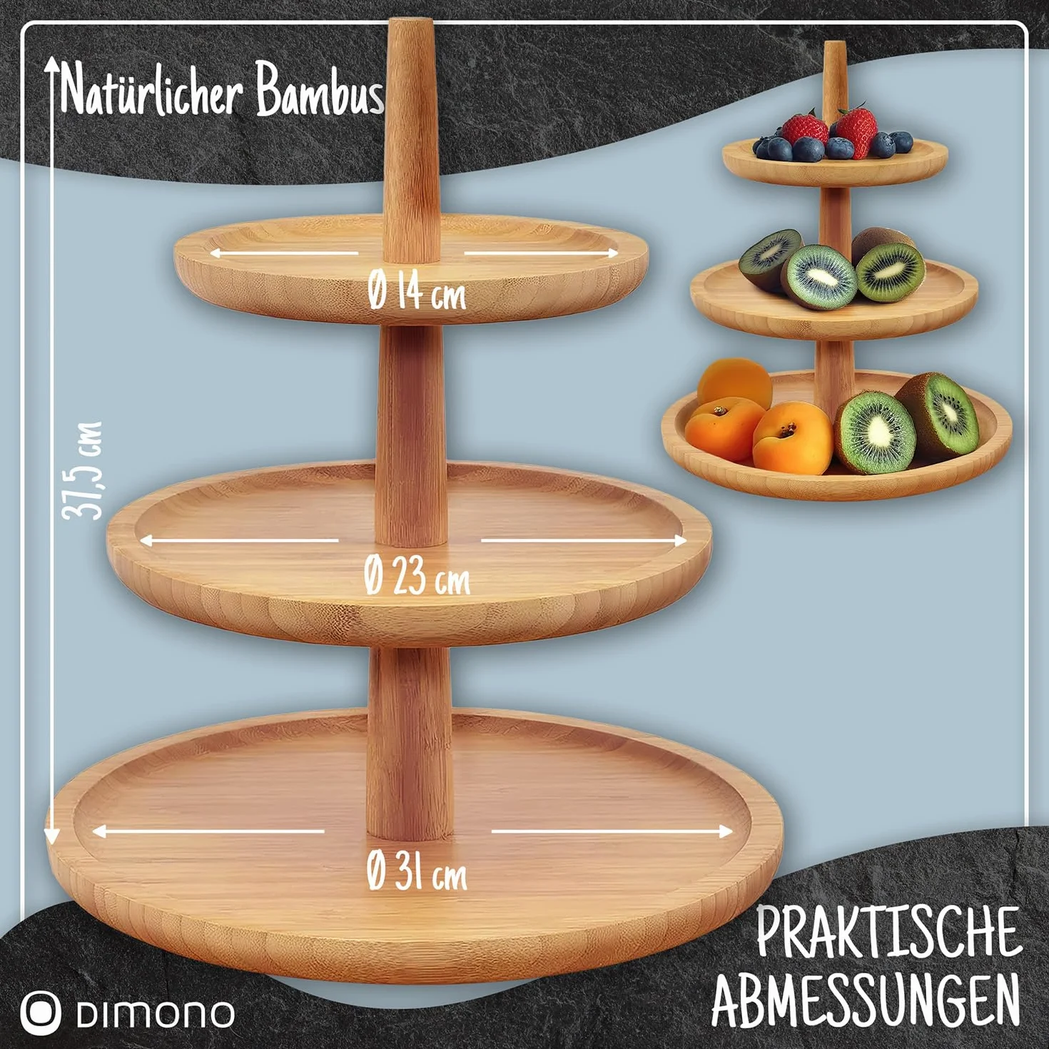 Dimono® Bamboo Etagere Premium Serving Stand 3-tier; taca do serwowania deserów, ciast, serów, wędlin, ciasteczek, orzechów, słodyczy candy bar 3-tier. (bambus)