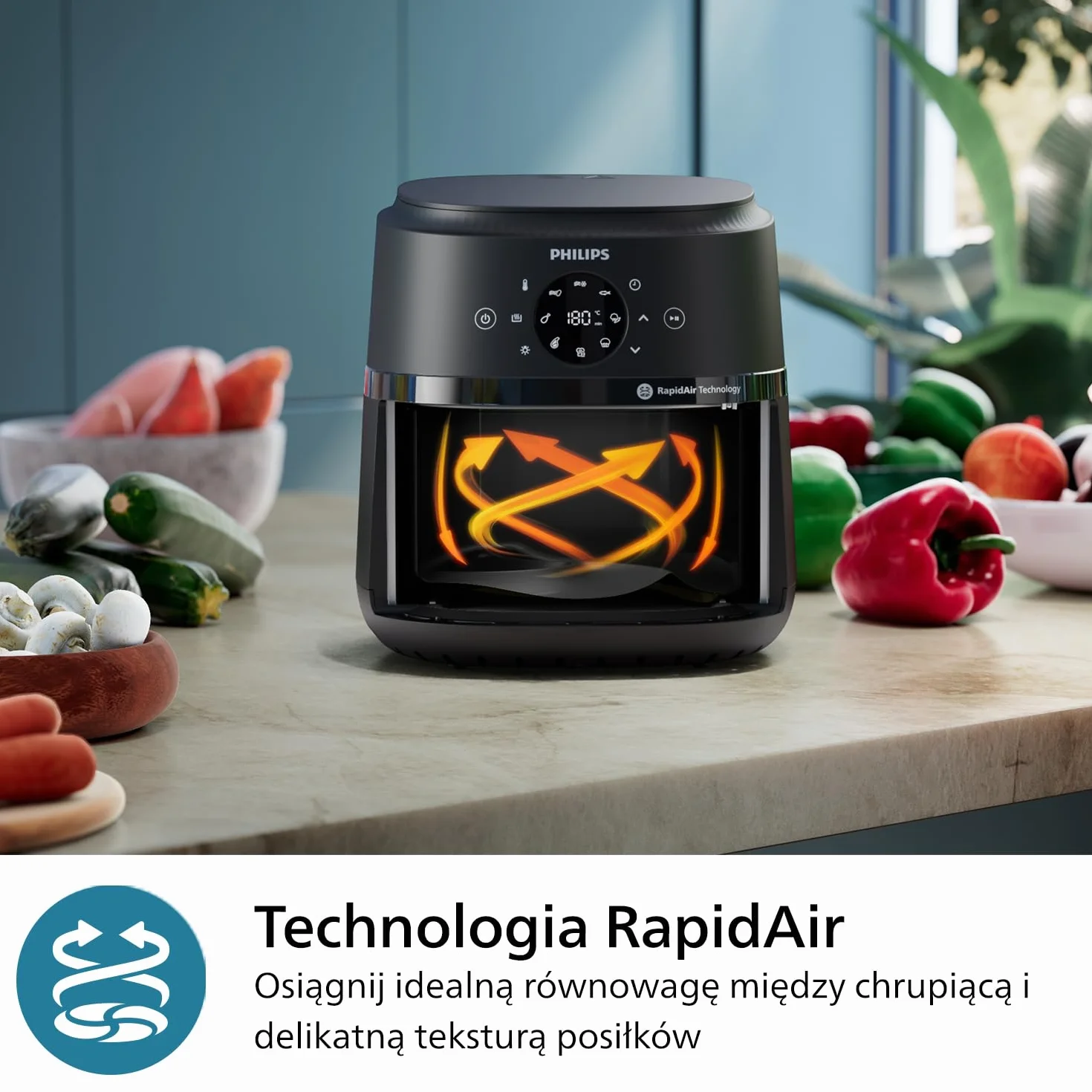 Philips Ovi z serii 2000 – Klasyczny Airfryer 6,2L z okienkiem, Technologia RapidAir, 13 Sposobów gotowania, 90% mniej tłuszczu, łatwe czyszczenie, Ekran Dotykowy, Oszczędność energii (NA230/00)