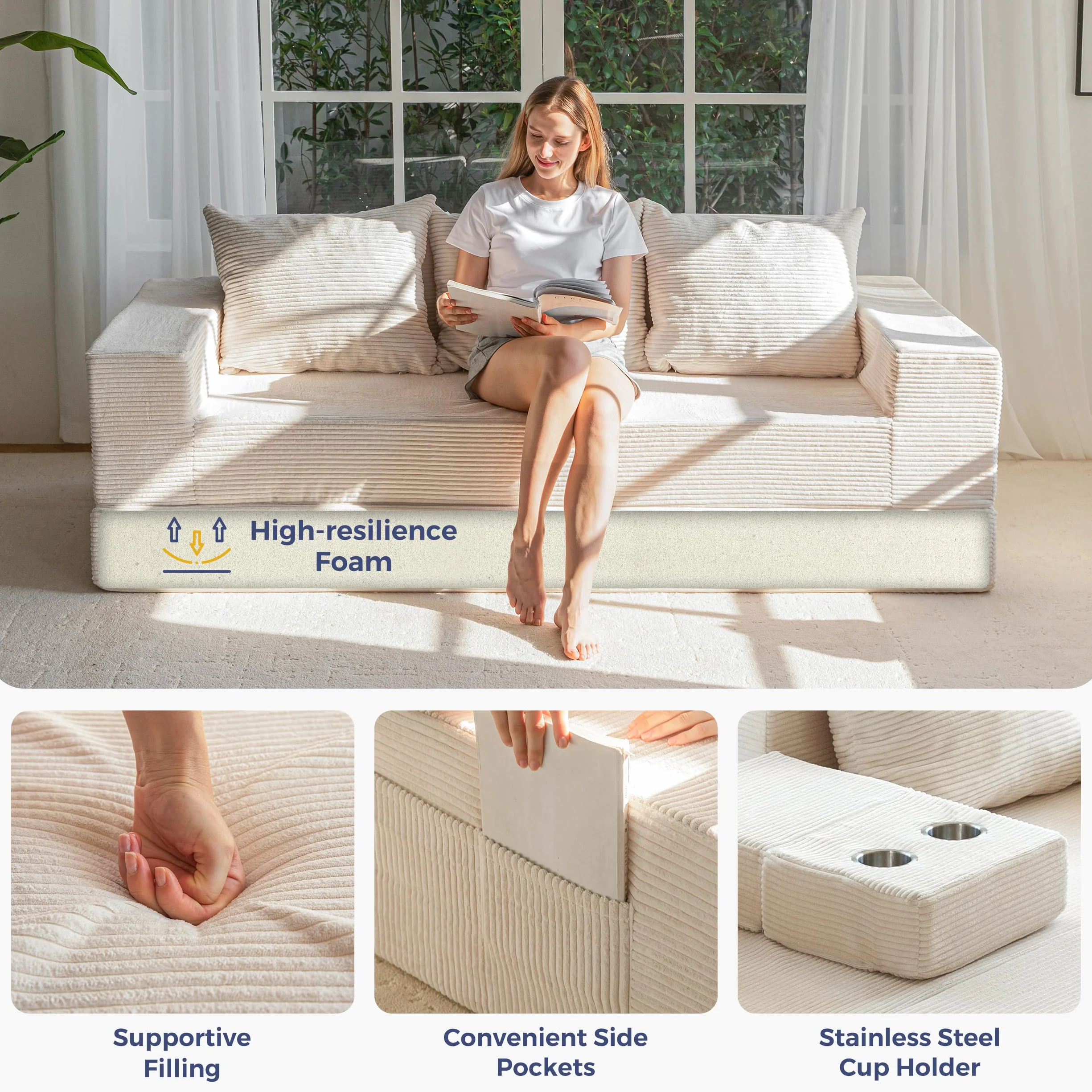 MAXYOYO Rozkładana sofa na łóżko, sofa na podłogę z aksamitkiem, rozkładana sofa z funkcją spania z uchwytem na kubki i poduszką, sofa na ściąganie do salonu, sypialni, pokoju gościnnego