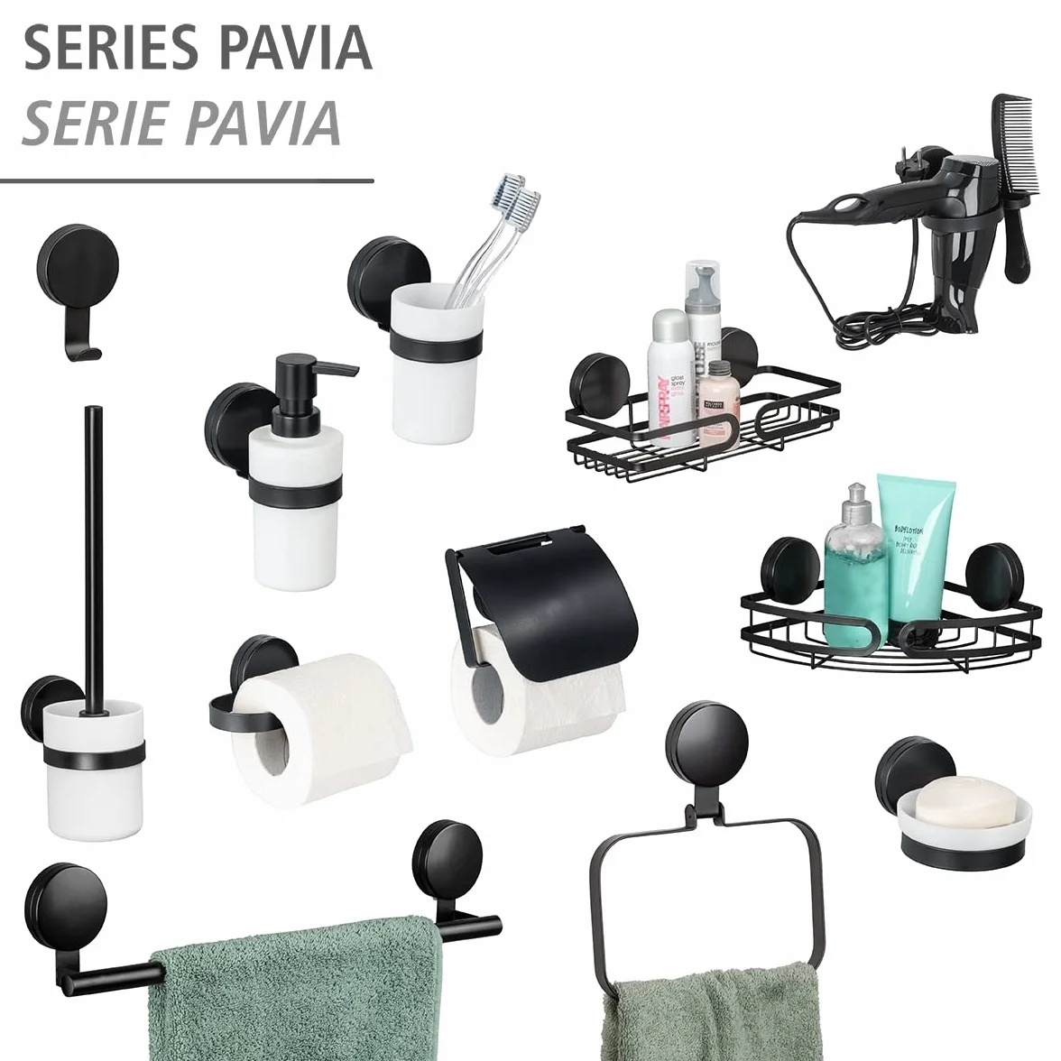 WENKO Static-Loc® Plus półka narożna Pavia czarna, regał łazienkowy, mocowanie bez wiercenia