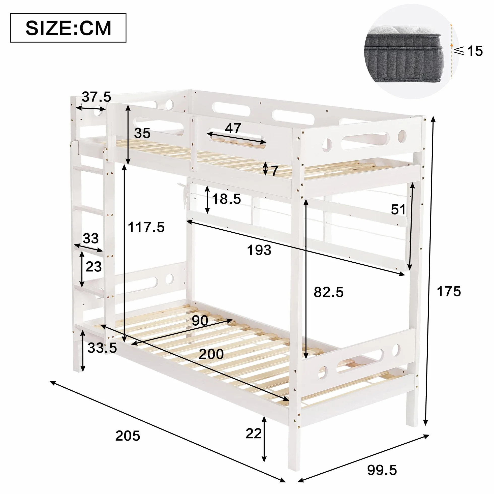 Łóżko piętrowe 90x200 białe z regulowanymi półkami i 5-stopniową drabiną z litego drewna sosnowego i MDF do sypialni młodzieżowej pokoju gościnnego i funkcjonalnego tymczasowego zakwaterowania
