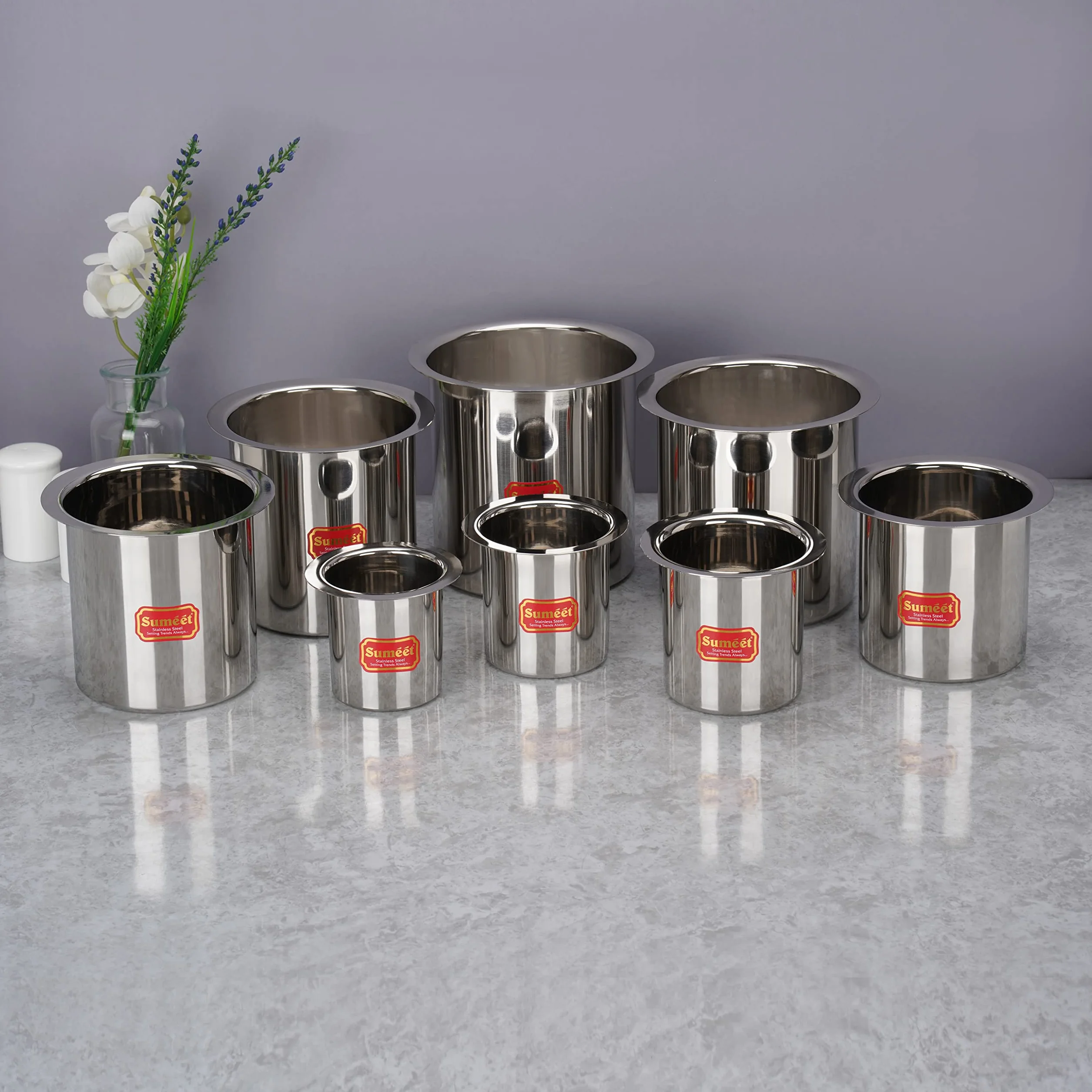 Sumeet Ganj ze stali nierdzewnej / kocioł na mleko, dzbanek na mleko, długie tapeli, zestaw 8 sztuk (400 ml, 550 ml, 750 ml, 1150 ml, 1450 ml, 1800 ml, 2250 ml, 2700 ml), srebrny