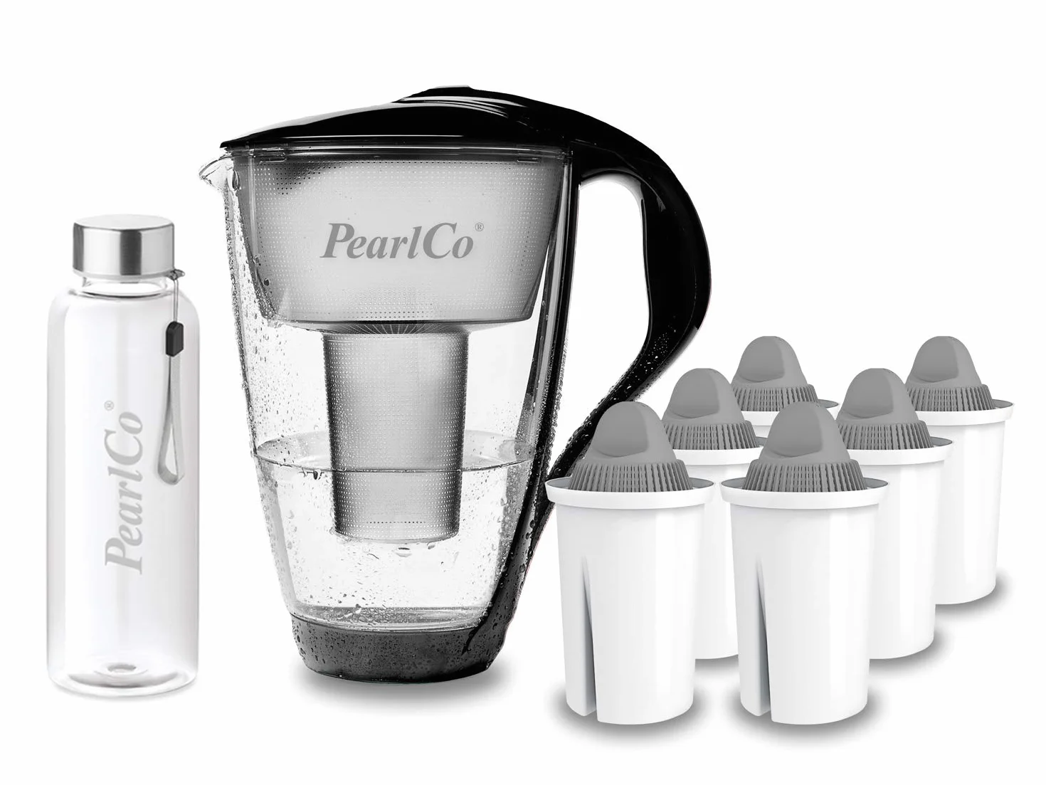 PearlCo - Szklany filtr do wody (czarny) z 6 wkładami filtrującymi Protect+ Classic (do twardej wody) + 1 butelka na napoje ze szkła