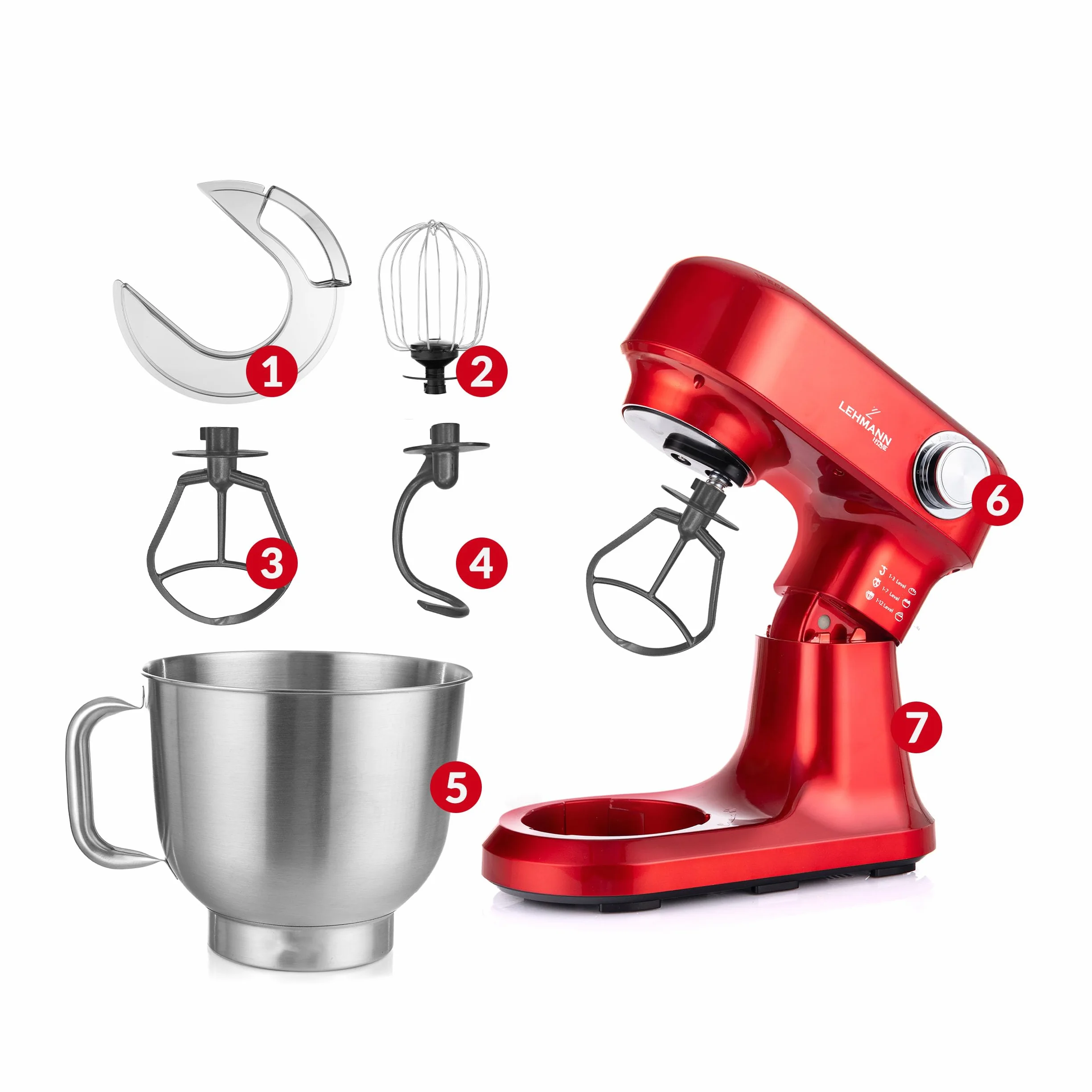 LEHMANN Robot kuchenny z zestawem akcesoriów, 1500 W, mieszadło z 12 prędkościami, miska do mieszania 5 l, zabezpieczenie przed przegrzaniem, antypoślizgowy, ugniatarka z 3 wkładami do mieszania i
