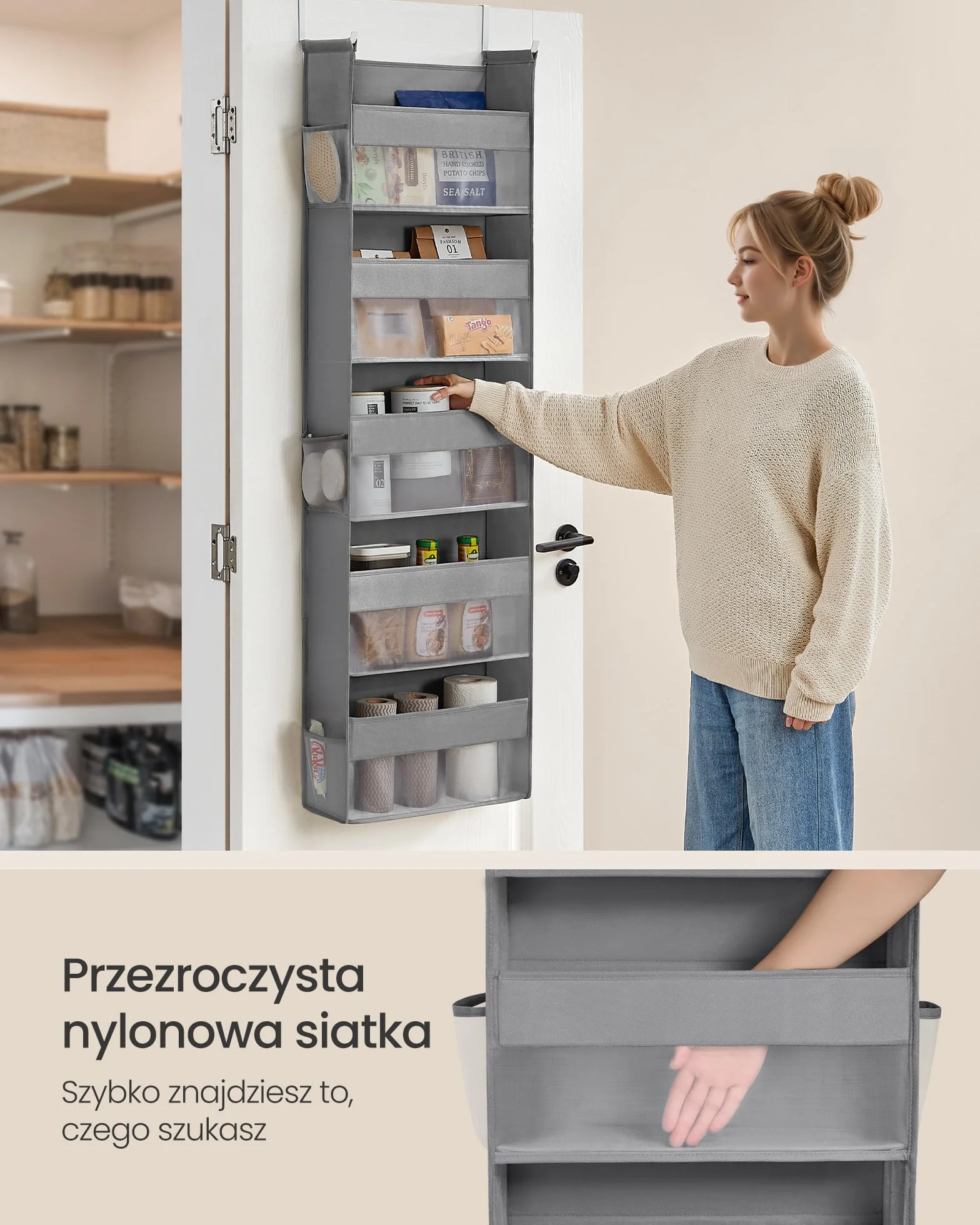 SONGMICS Wiszący regał magazynowy, Wisząca półka, Regał magazynowy na drzwi, Materiałowy regał drzwiowy, Przezroczysta siatka nylonowa, Metalowe haki, Kieszenie boczne, Gołębia szarość RDH007G01