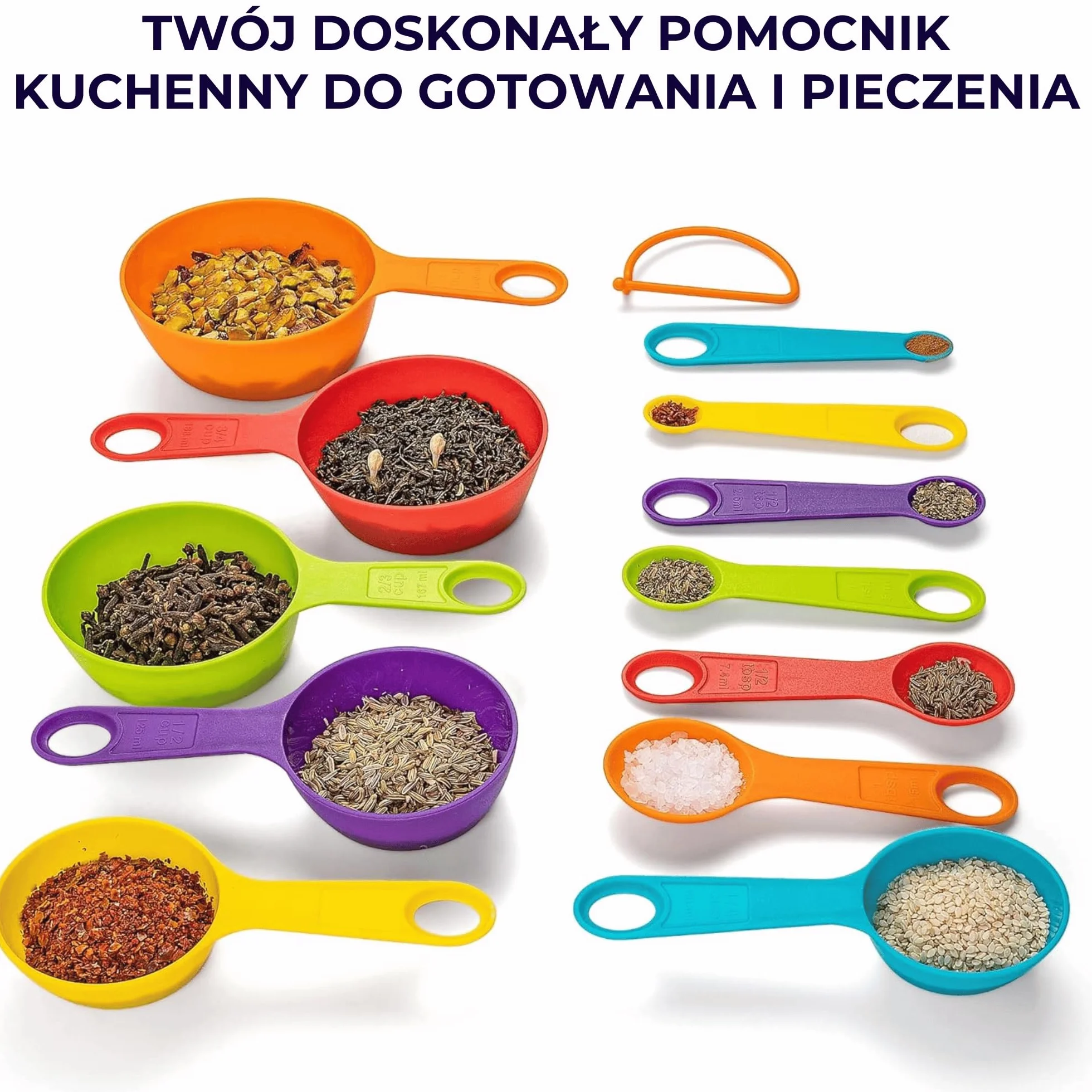 12 łyżek miarowych do gotowania i pieczenia, z podziałką do odmierzania płynów i proszków (ml, szklanki, łyżki stołowe, łyżeczki), można układać w stosy i myć w zmywarce