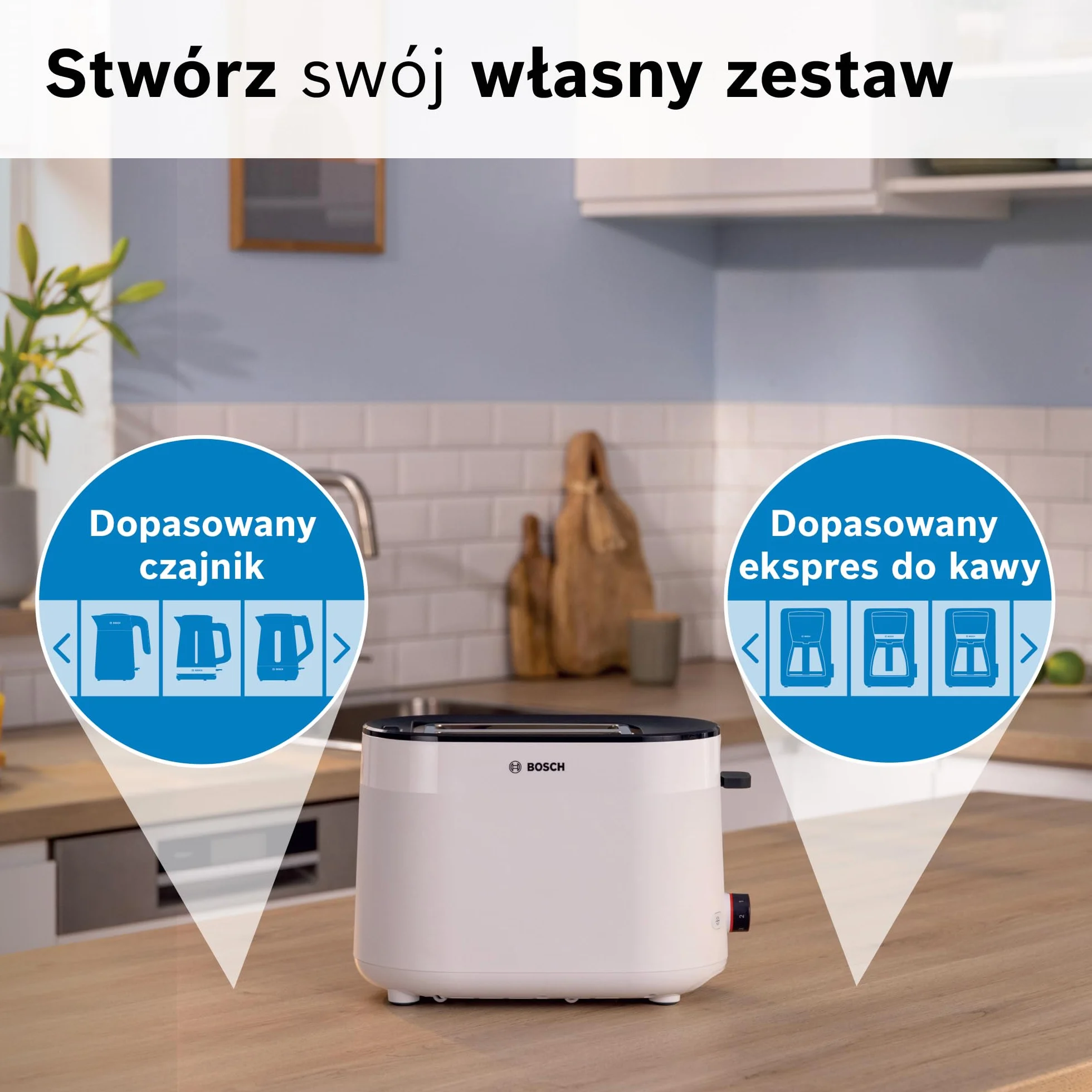 Bosch, toster, MyMoment, pojemnik na 2 kromki, podgrzewanie, rozmrażanie, ruszt na bułki, funkcja wysokiego podnoszenia, automatyczne wyłączanie, biały, TAT2M121
