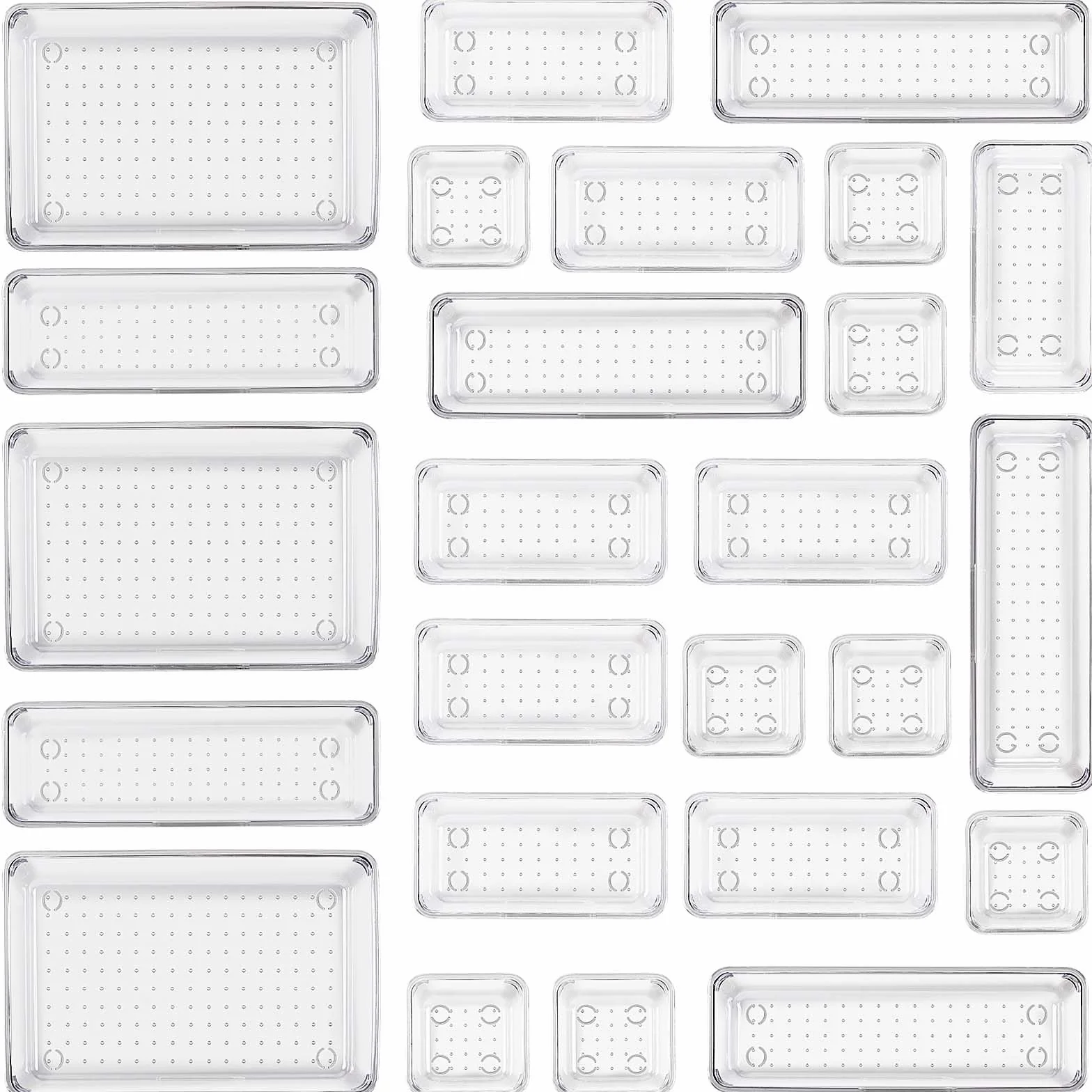 Collazoey System Organizacji Szuflad, Przezroczysty Organizer na Toaletkę, 4 Rozmiary, Antypoślizgowy, na Przybory do Makijażu, Łazienki, Kuchni, Biura, Komodę, 25 Sztuk