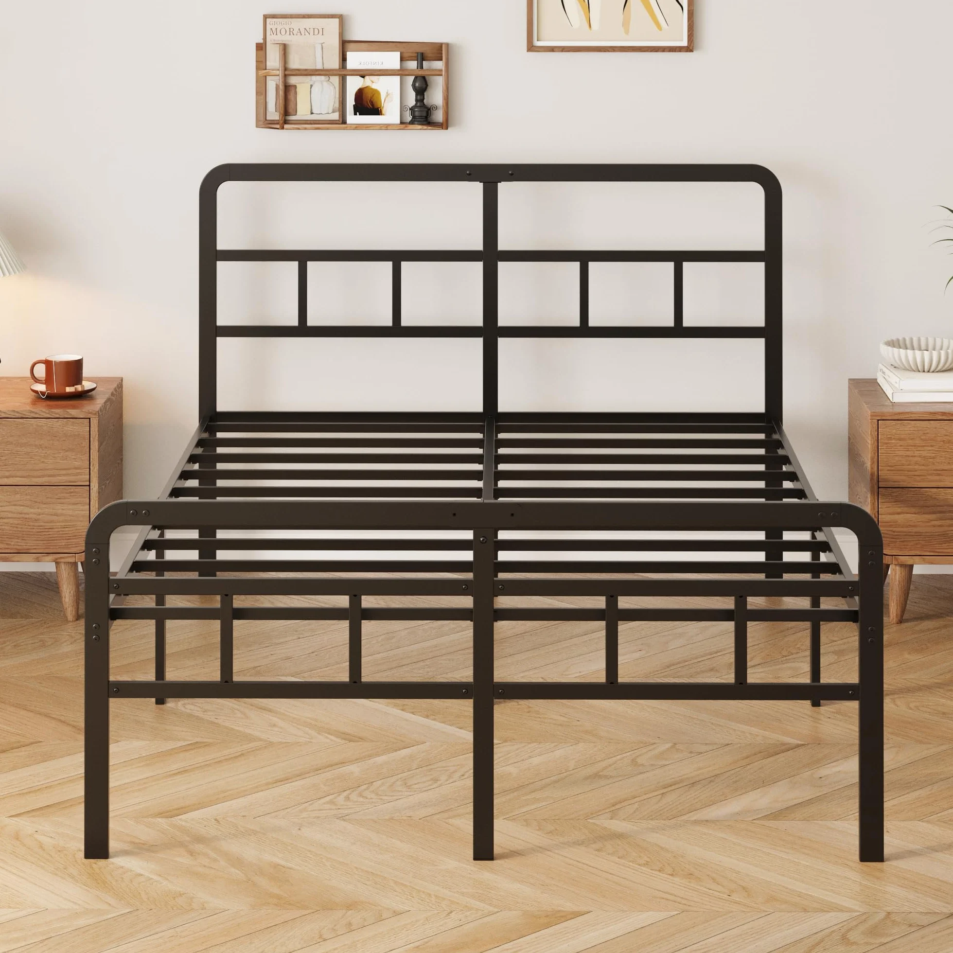 Yicensen Metalowa ramka łóżka 140x200 cm z zegarzkiem i poduszkiem łóżka, ramka metalowa o wysokości 46 cm z mocnym wspornikiem, miejsce na magazynowanie pod łóżkiem