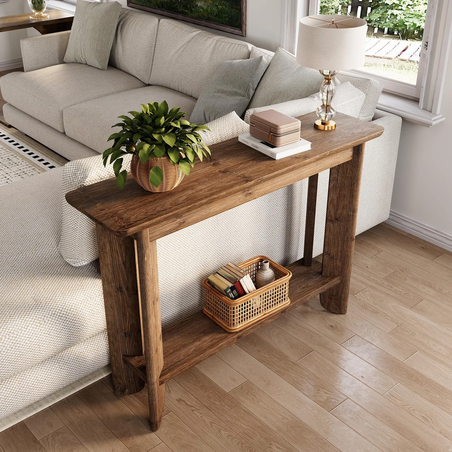 Stół konsolowy z litego drewna 105 cm, 2 w 1, stół do przedpokoju i sofy, stół z prawdziwego drewna orzechowego z półką, wąska konstrukcja do przedpokoju i salonu, łatwy montaż 30 minut