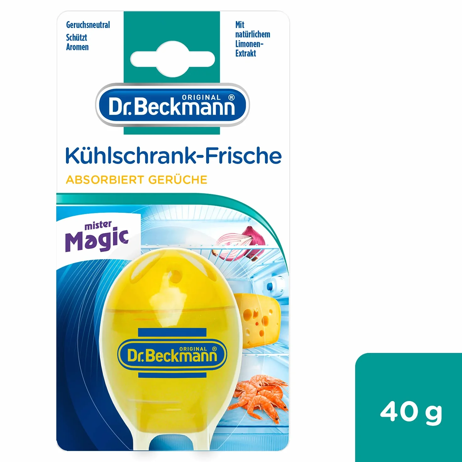Dr. Beckmann Świeżość lodówki, dezodorant do lodówki, skutecznie neutralizuje zapachy, z naturalnym ekstraktem z limonki i bio-alkoholem, 1 x 40 g