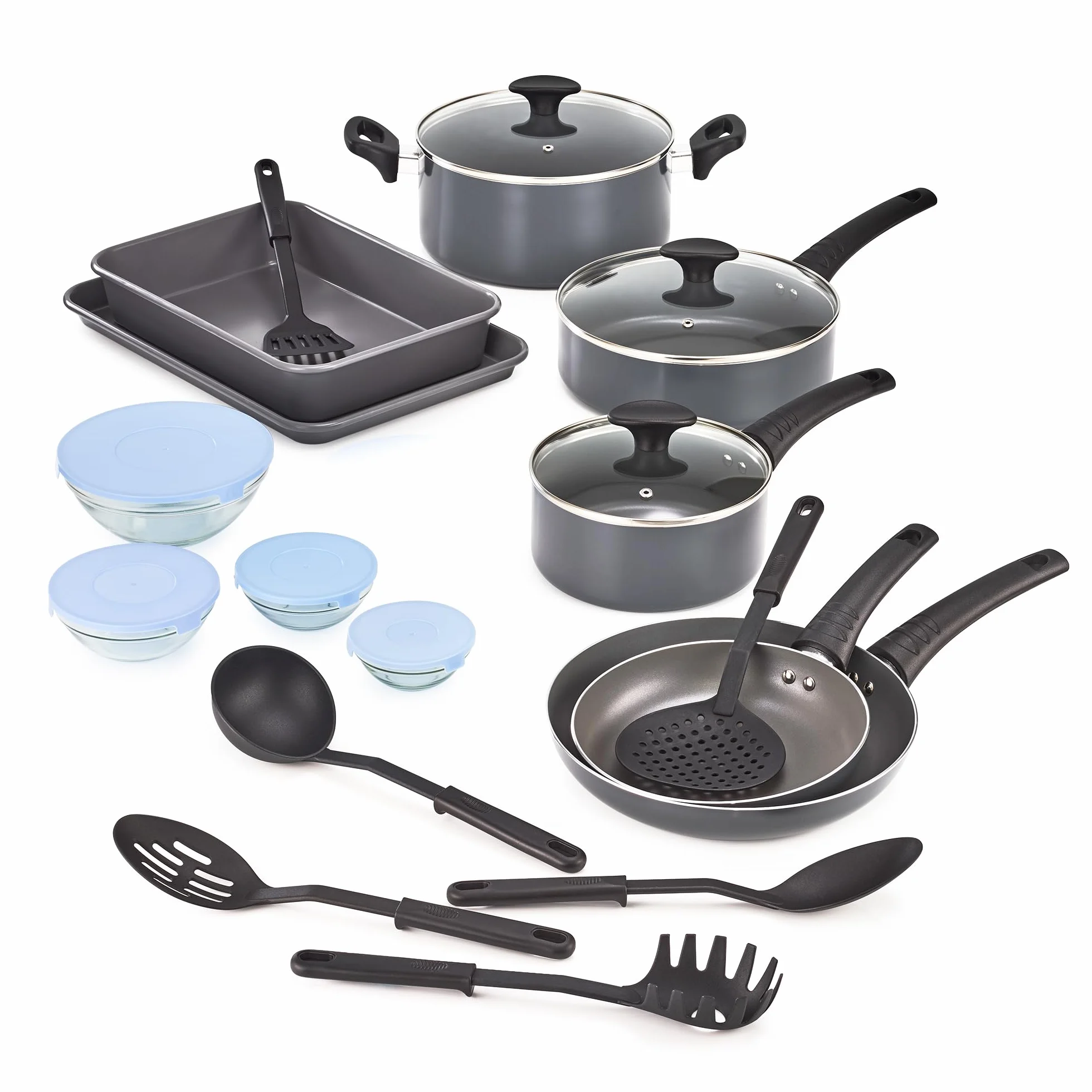 BELLA 17251 21-częściowy zestaw przyborów kuchennych do pieczenia i przechowywania, aluminium szkło nylon, czarny
