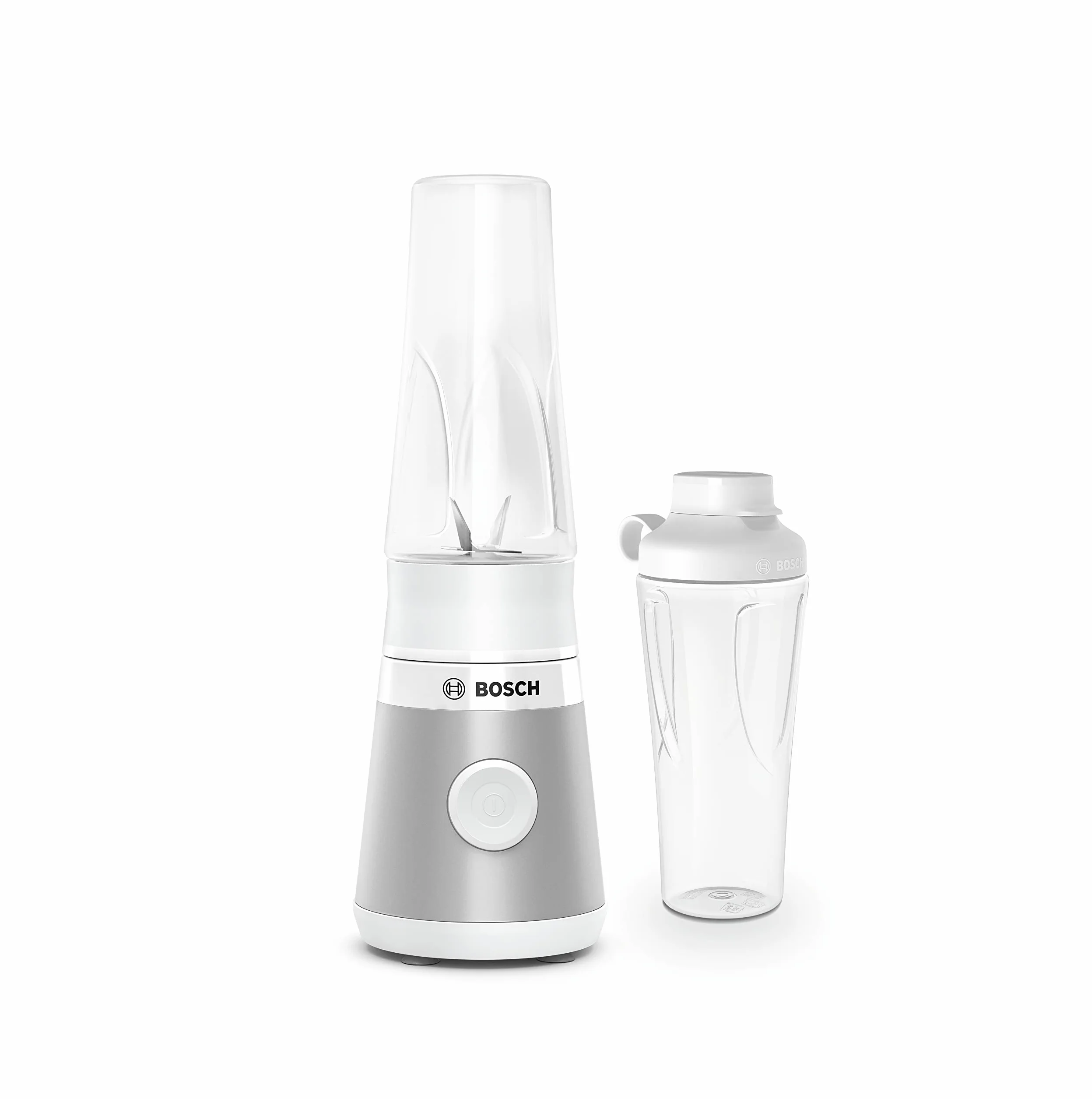 Bosch, mini blender, seria VitaPower 2, system ProPerformance z szybkim miksowaniem, silnik o mocy 450 W, ostrza ze stali nierdzewnej, szczelny, butelka Tritan ToGo, jasnosrebrny, biały, MMB2111