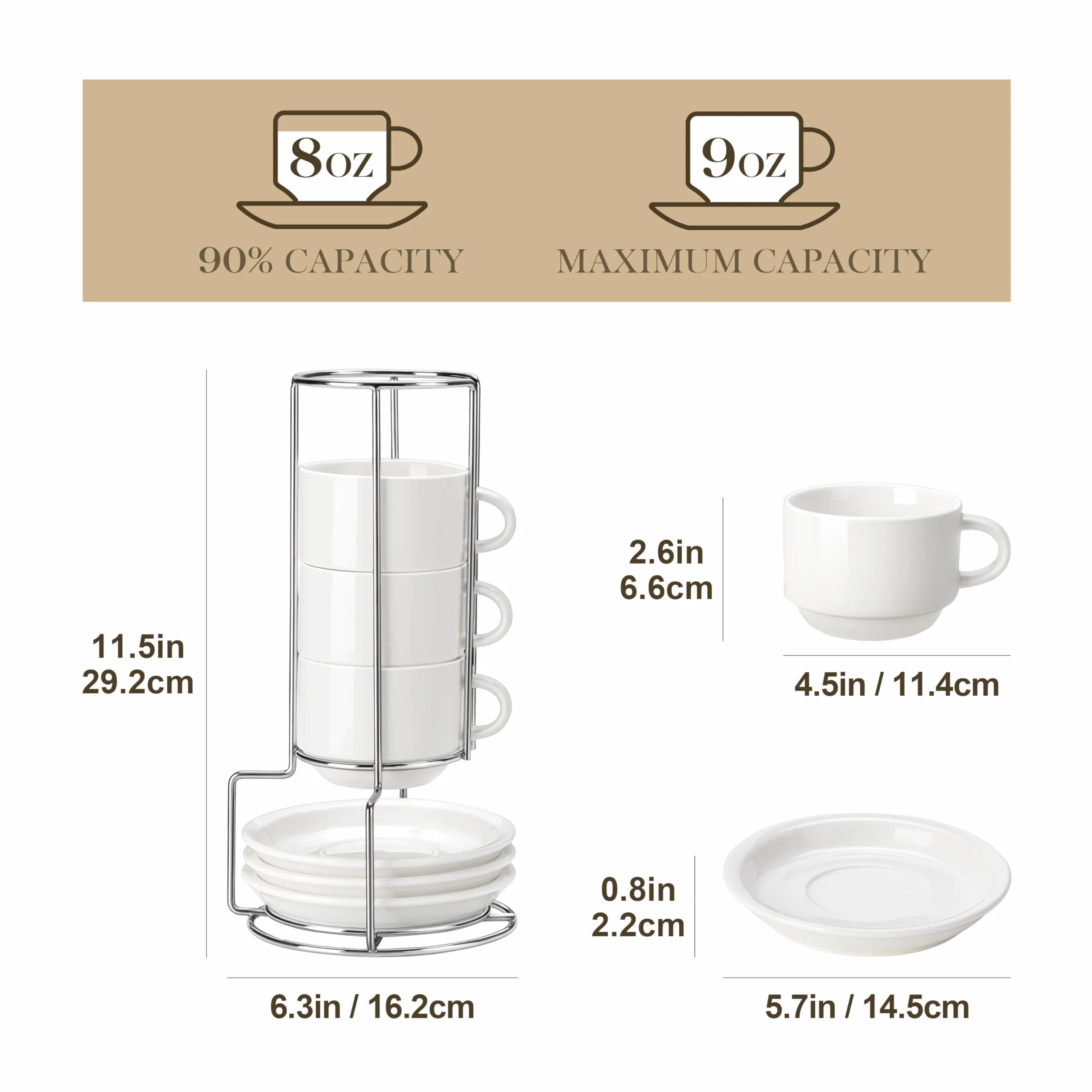 MALACASA Filiżanki do kawy, zestaw 4 sztuk, 240 ml, grube ścianki ze spodkiem i stojakiem, możliwość układania w stos, nowoczesne filiżanki do kawy z białej porcelany, nadają się do mycia w zmywarce