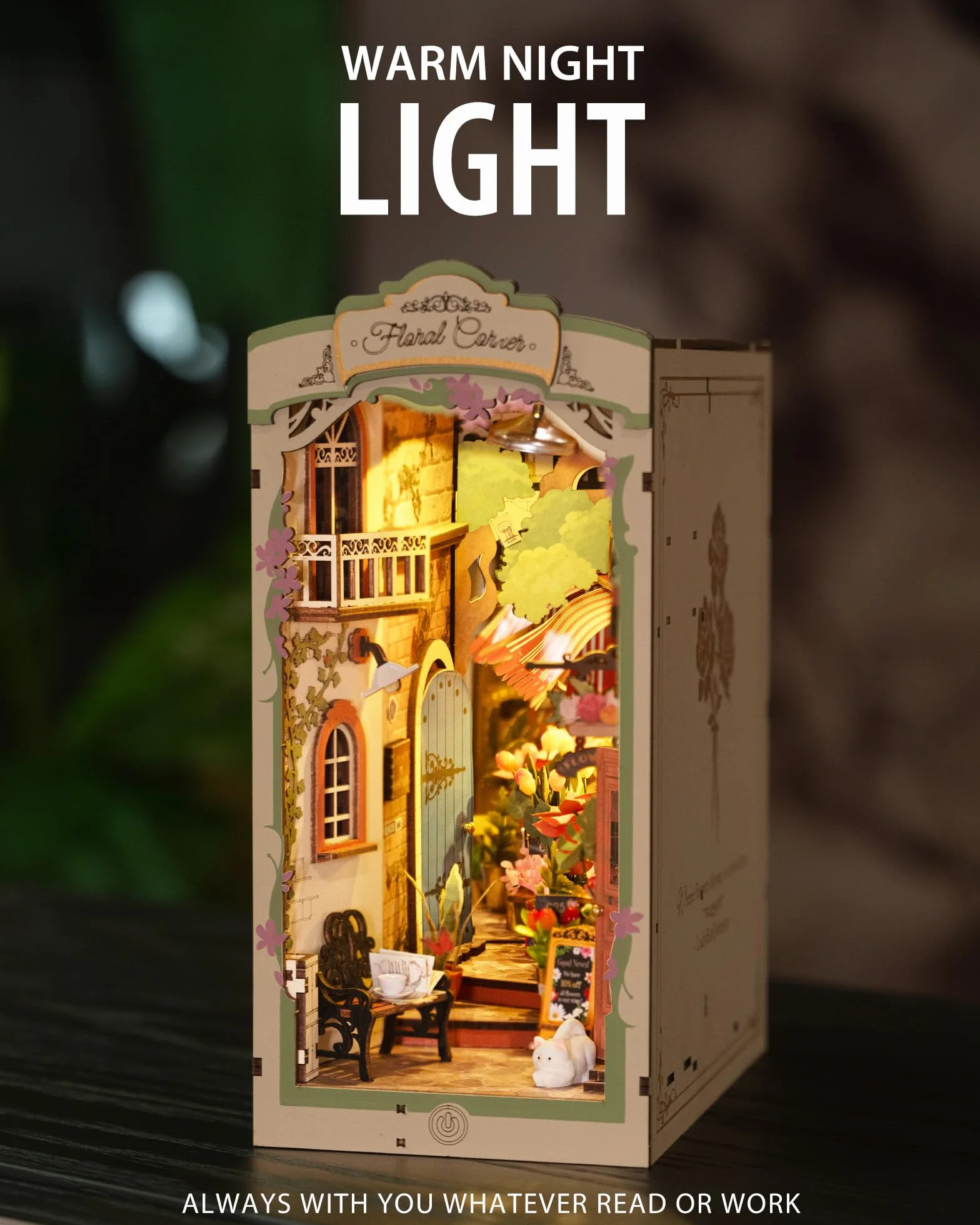 Rolife Zestaw Book Nook Kwiatowy Zakamarek z lampkami LED DIY Miniaturowy Zestaw Domku Drewniane Puzzle 3D dla Dorosłych do Budowania Dekoracja Półki na Książki Prezent na Boże Narodzenie i Urodziny